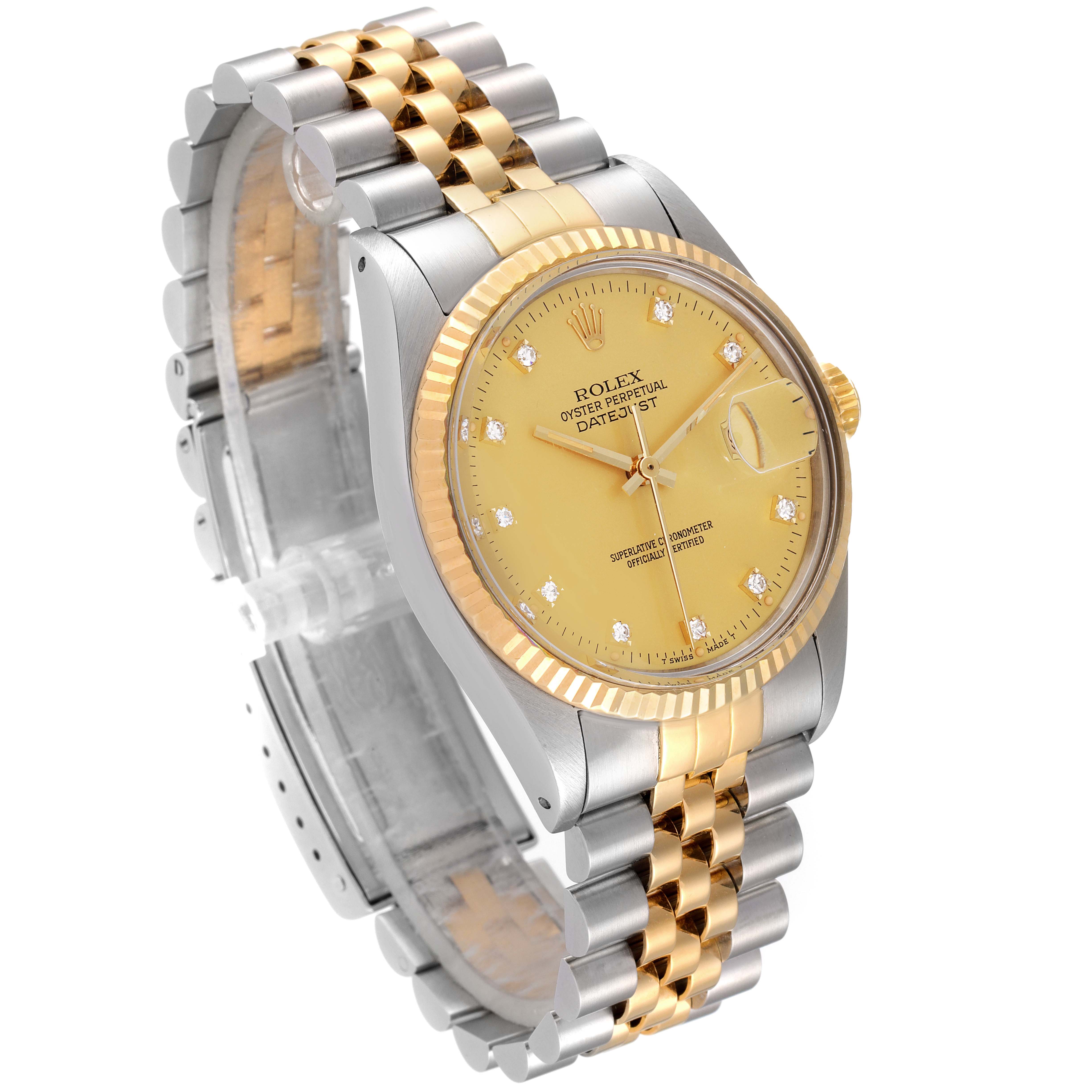 The Vintage Collection Rolex watch is depicted at an angled side view, displaying its two-tone bracelet, gold dial, and fluted bezel.