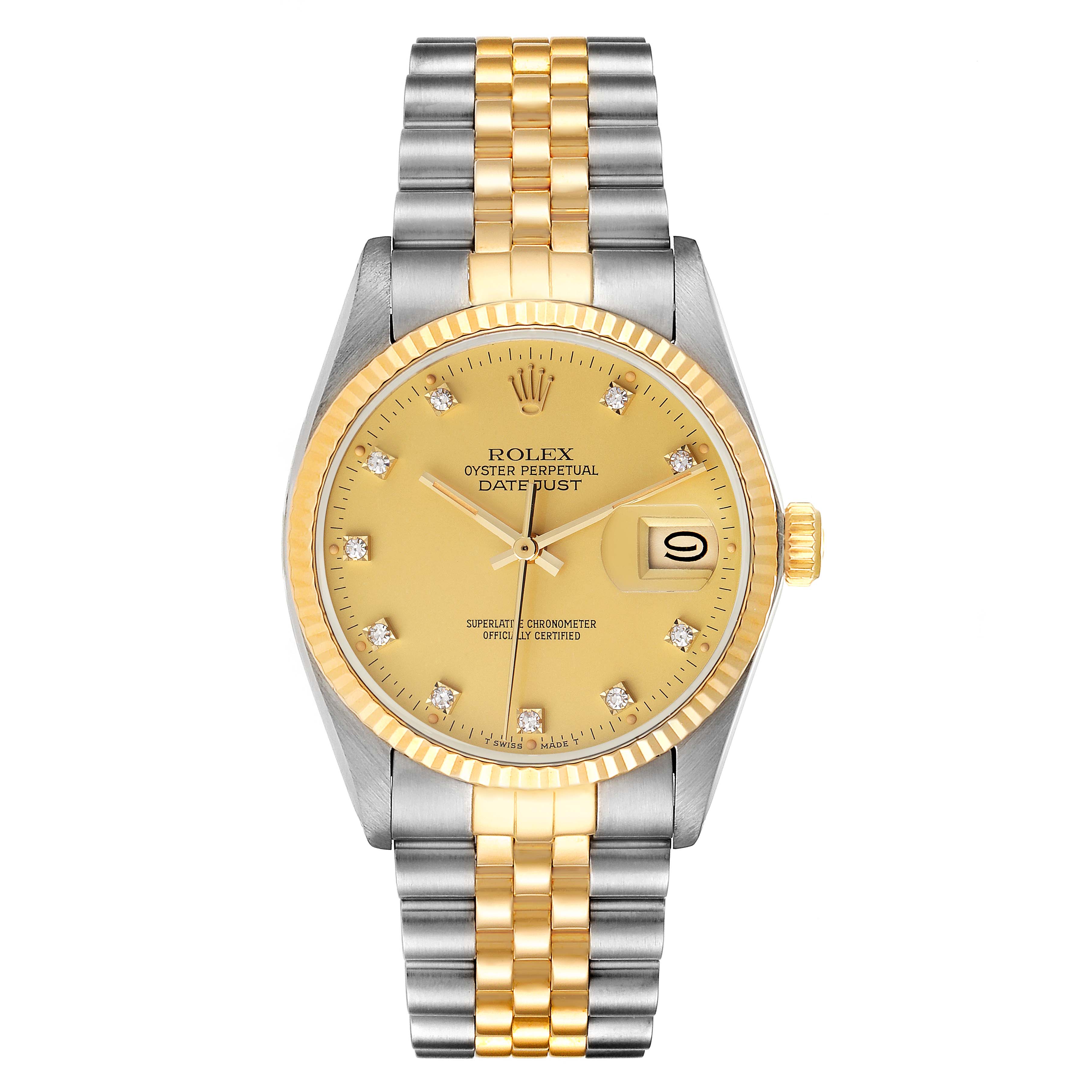 The image shows a front view of a Rolex Vintage Collection 16013 Men's Steel and Gold (two tone) Champagne Dial 16013 Men's Steel and Gold (two tone) Champagne Dial Oyster Perpetual Datejust watch.