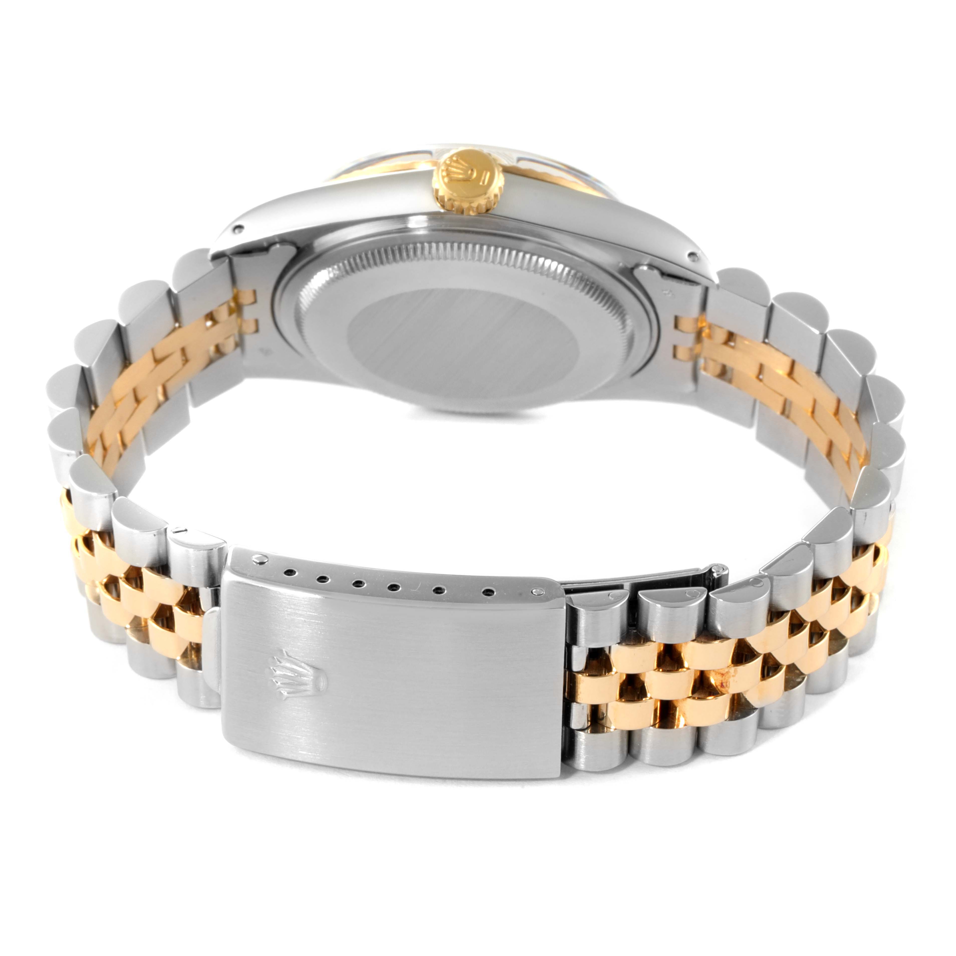 The image shows the back view of a Rolex Vintage Collection 16013 Men's Steel and Gold (two tone) Champagne Dial 16013 Men's Steel and Gold (two tone) Champagne Dial watch, highlighting its clasp, bracelet, case back, and crown.