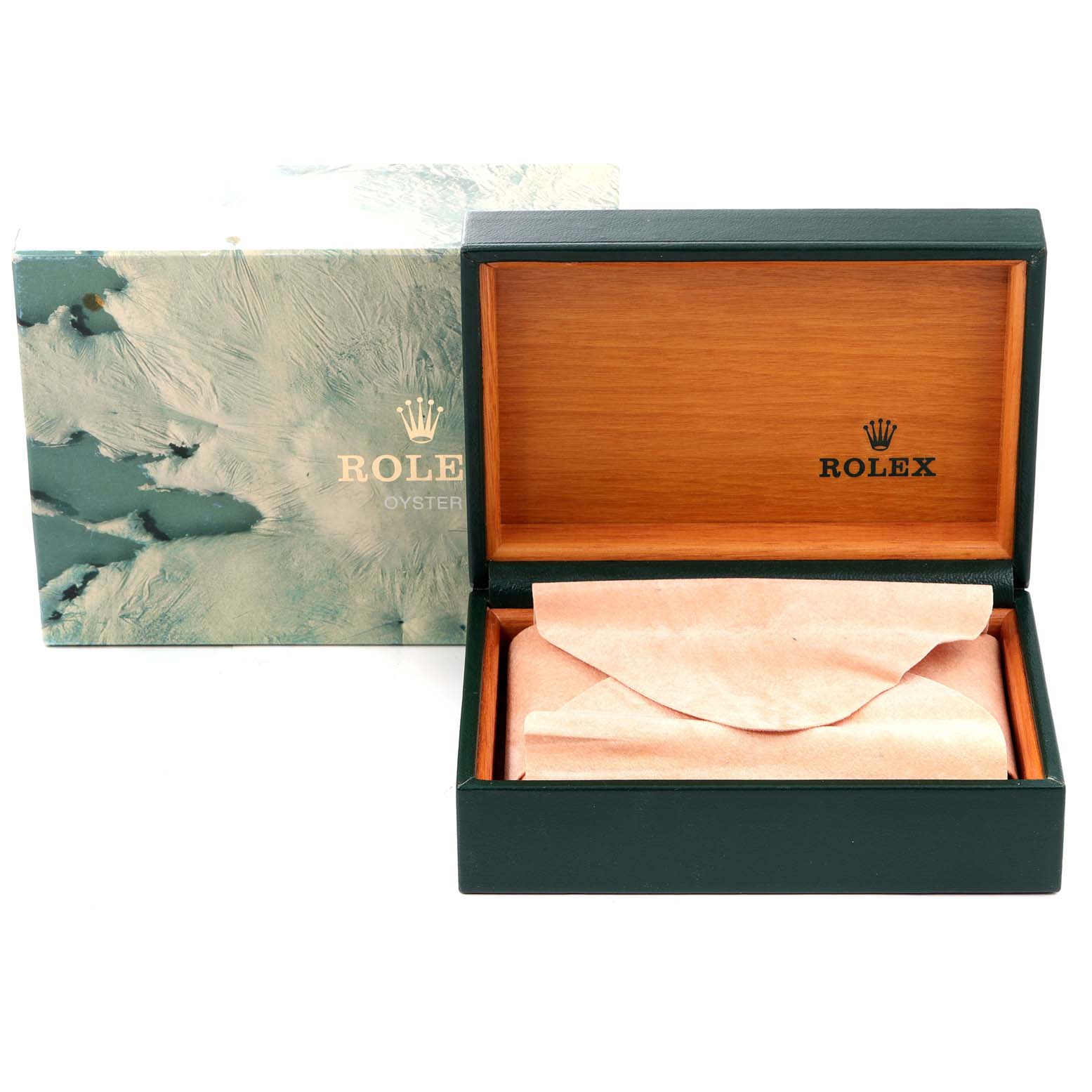 The image shows an open Rolex Vintage Collection 16013 Men's Steel and Gold (two tone) Champagne Dial 16013 Men's Steel and Gold (two tone) Champagne Dial watch box with the outer packaging in the background.