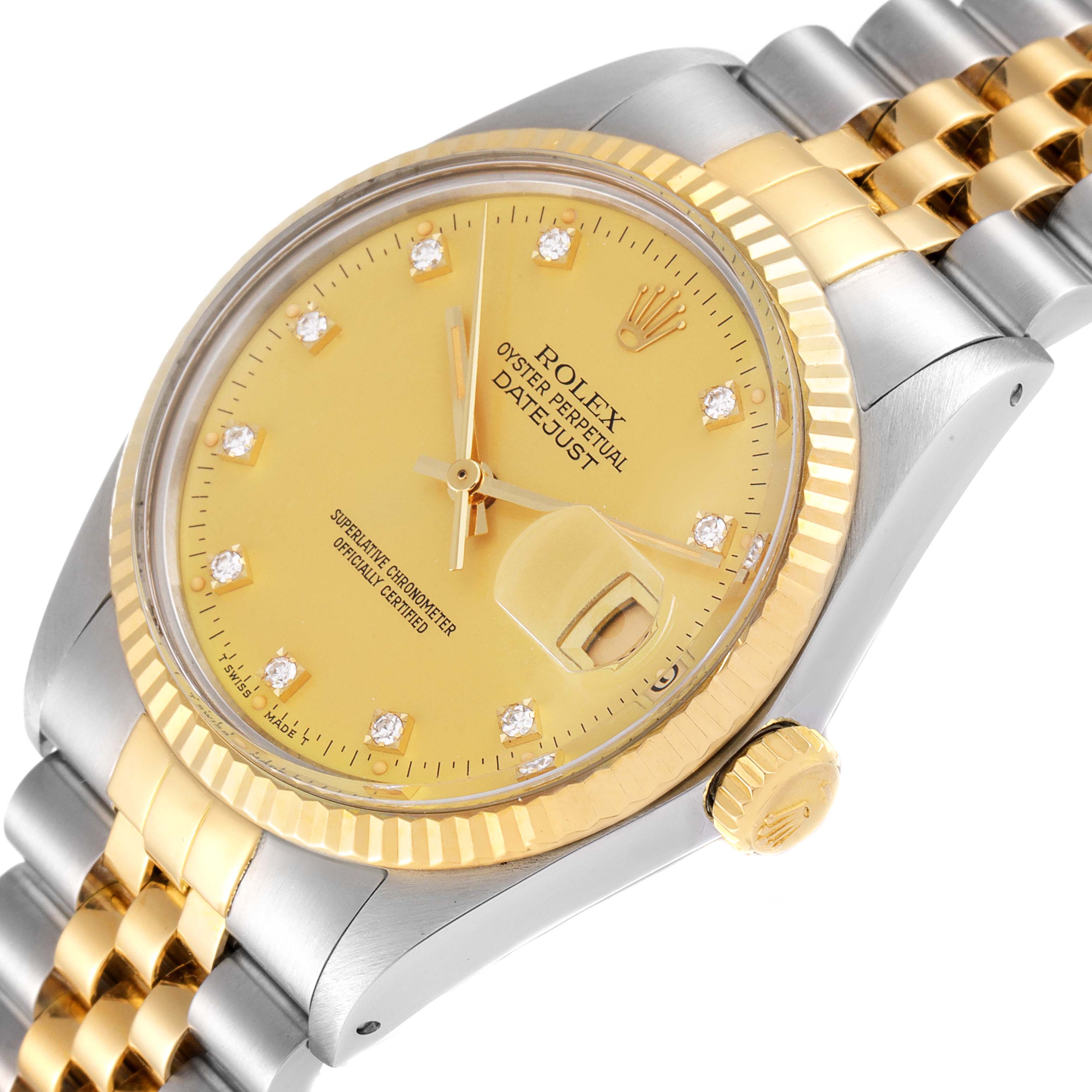 The image shows a close-up angled view of the Rolex Vintage Collection 16013 Men's Steel and Gold (two tone) Champagne Dial 16013 Men's Steel and Gold (two tone) Champagne Dial Oyster Perpetual Datejust, highlighting the dial, crown, and part of the bracelet.