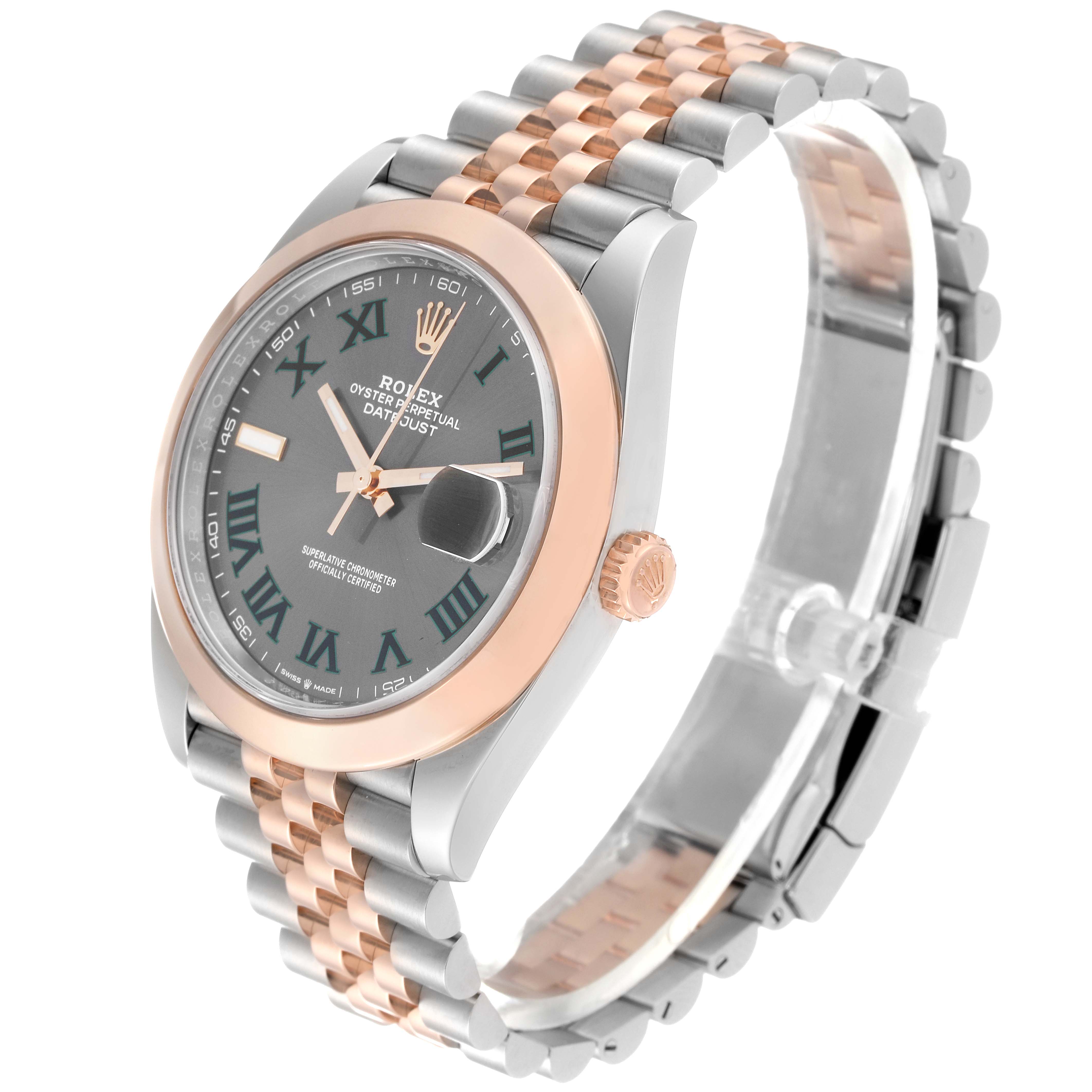 The Rolex Datejust 41 126301 Men's Steel and Gold (two tone) Grey Dial 126301 Men's Steel and Gold (two tone) Grey Dial watch is shown at an oblique angle, displaying the face, bezel, and two-tone bracelet.