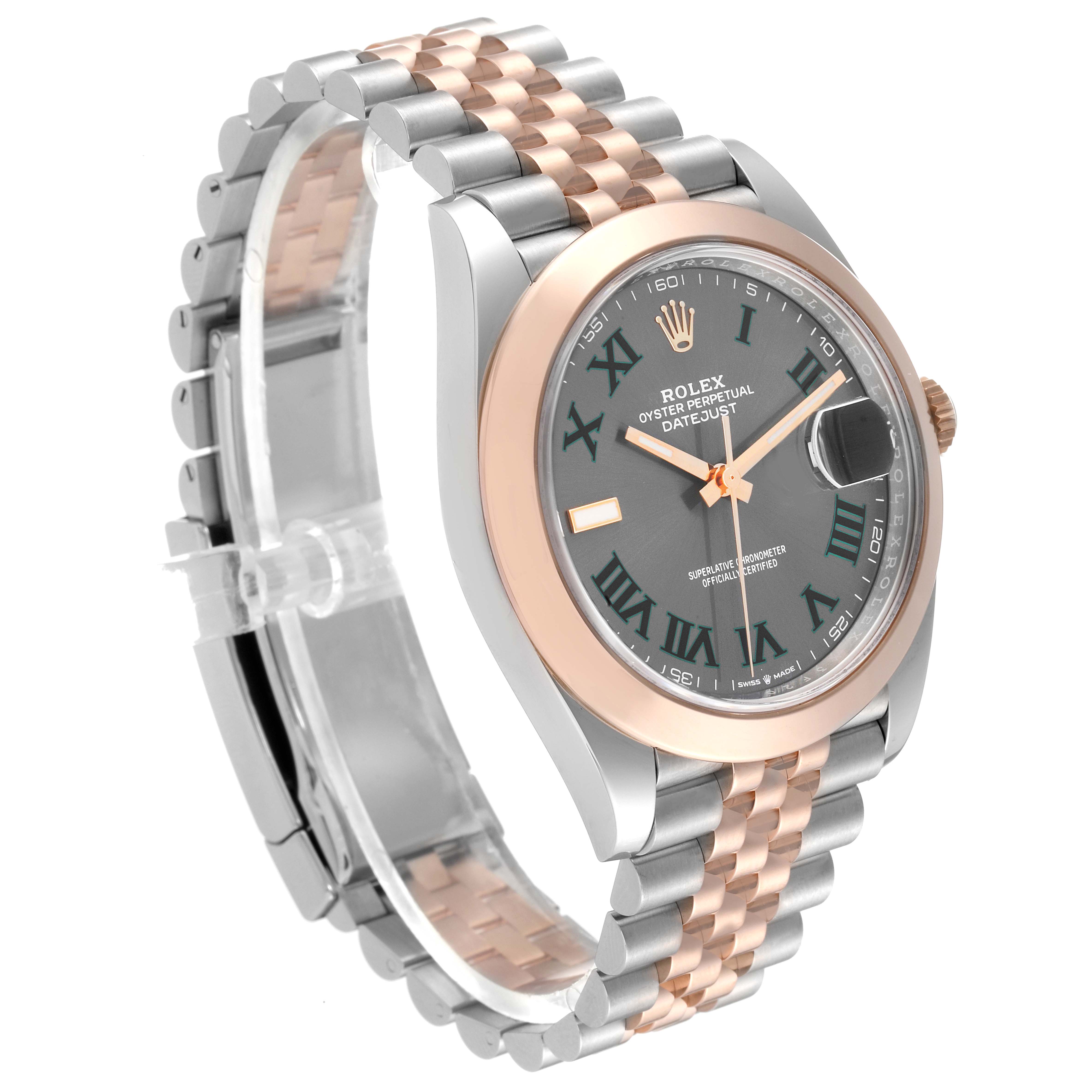 This image of a Rolex Datejust 41 126301 Men's Steel and Gold (two tone) Grey Dial 126301 Men's Steel and Gold (two tone) Grey Dial watch shows the watch from an angled side, featuring the face, bezel, and two-tone bracelet.