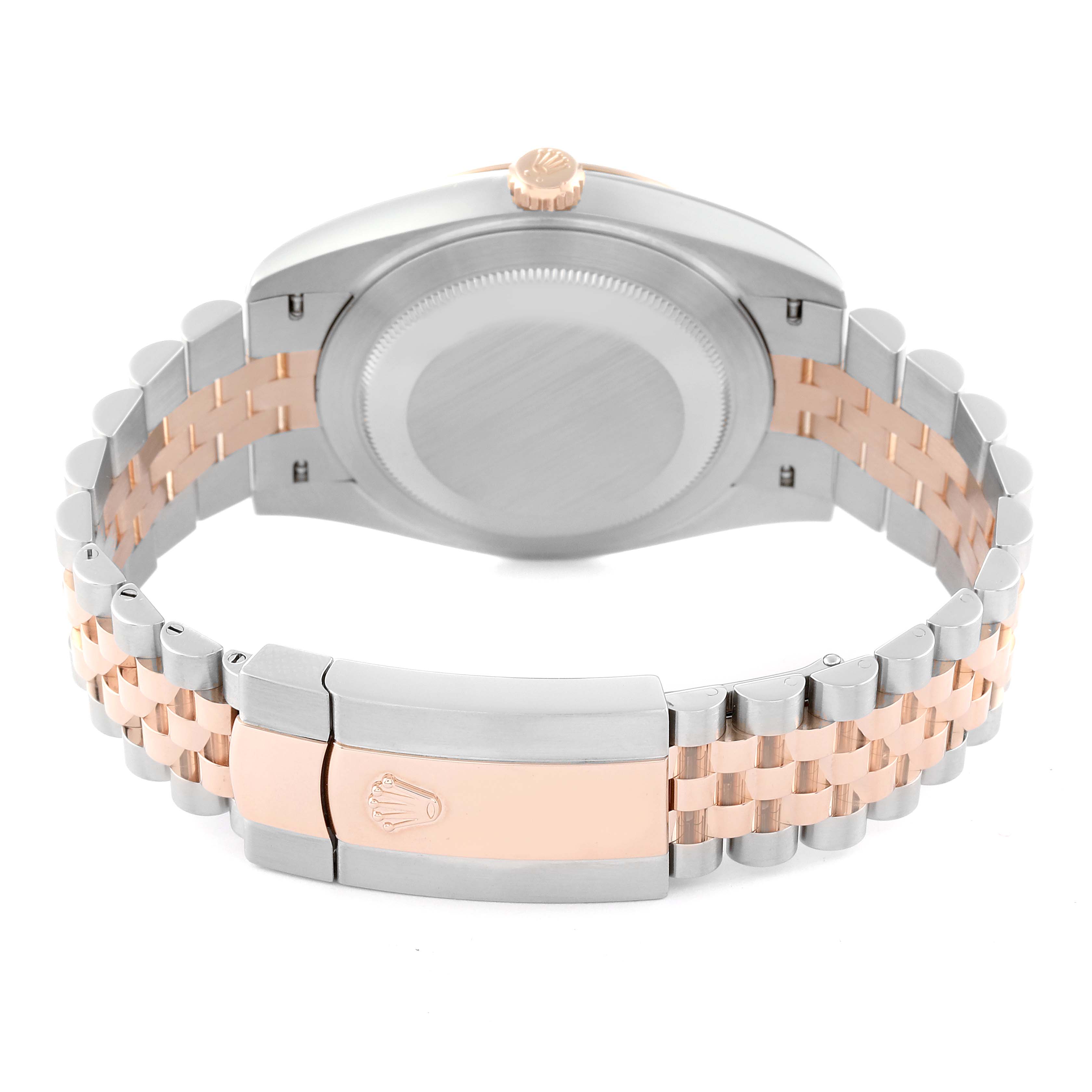 This image shows the back view of a Rolex Datejust 41 126301 Men's Steel and Gold (two tone) Grey Dial 126301 Men's Steel and Gold (two tone) Grey Dial, focusing on the case back, clasp, and two-tone bracelet.