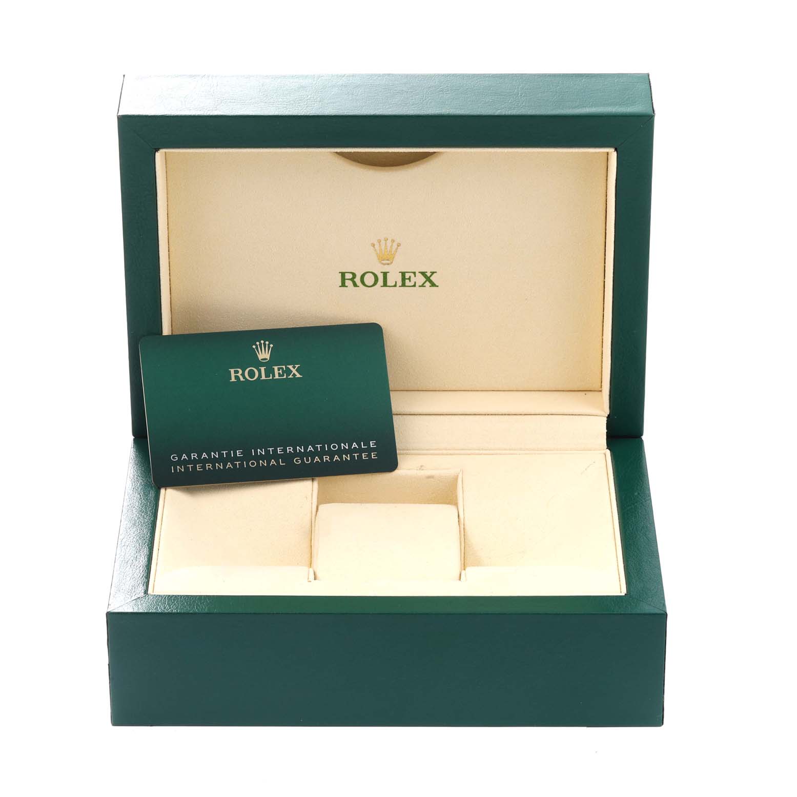 The image shows an open green Rolex box for the Datejust 41 model with a guarantee card inside.