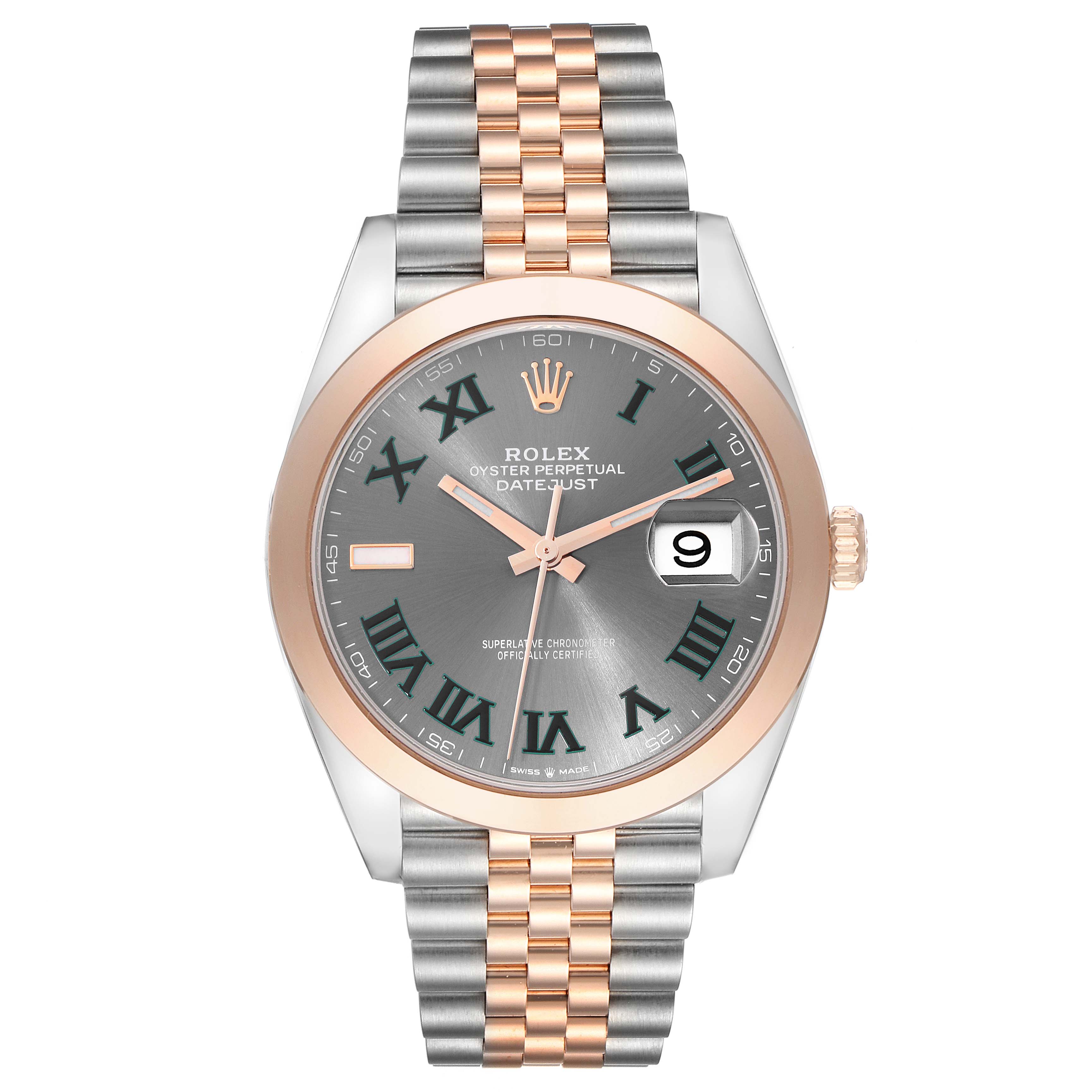 The image shows a front view of the Rolex Datejust 41 126301 Men's Steel and Gold (two tone) Grey Dial 126301 Men's Steel and Gold (two tone) Grey Dial watch, highlighting the dial, hands, date window, and Jubilee bracelet.