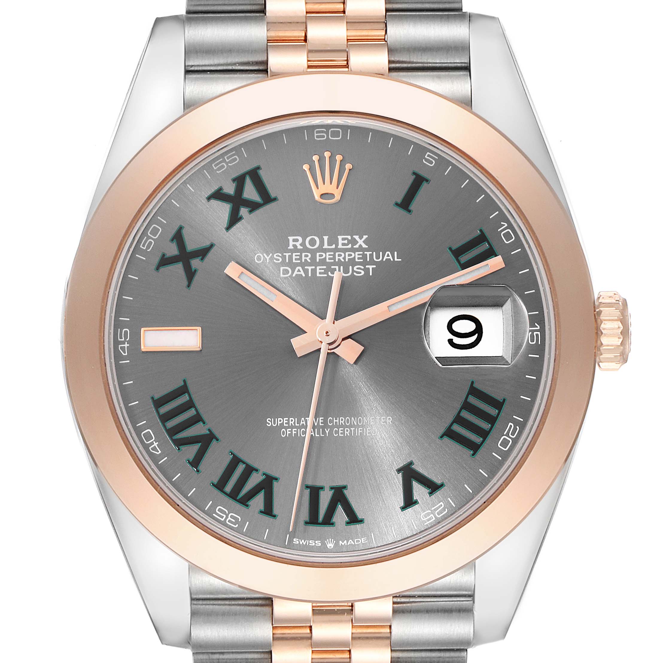 This image shows a frontal view of the Rolex Datejust 41 126301 Men's Steel and Gold (two tone) Grey Dial 126301 Men's Steel and Gold (two tone) Grey Dial, displaying its dial, hands, date window, and bracelet.