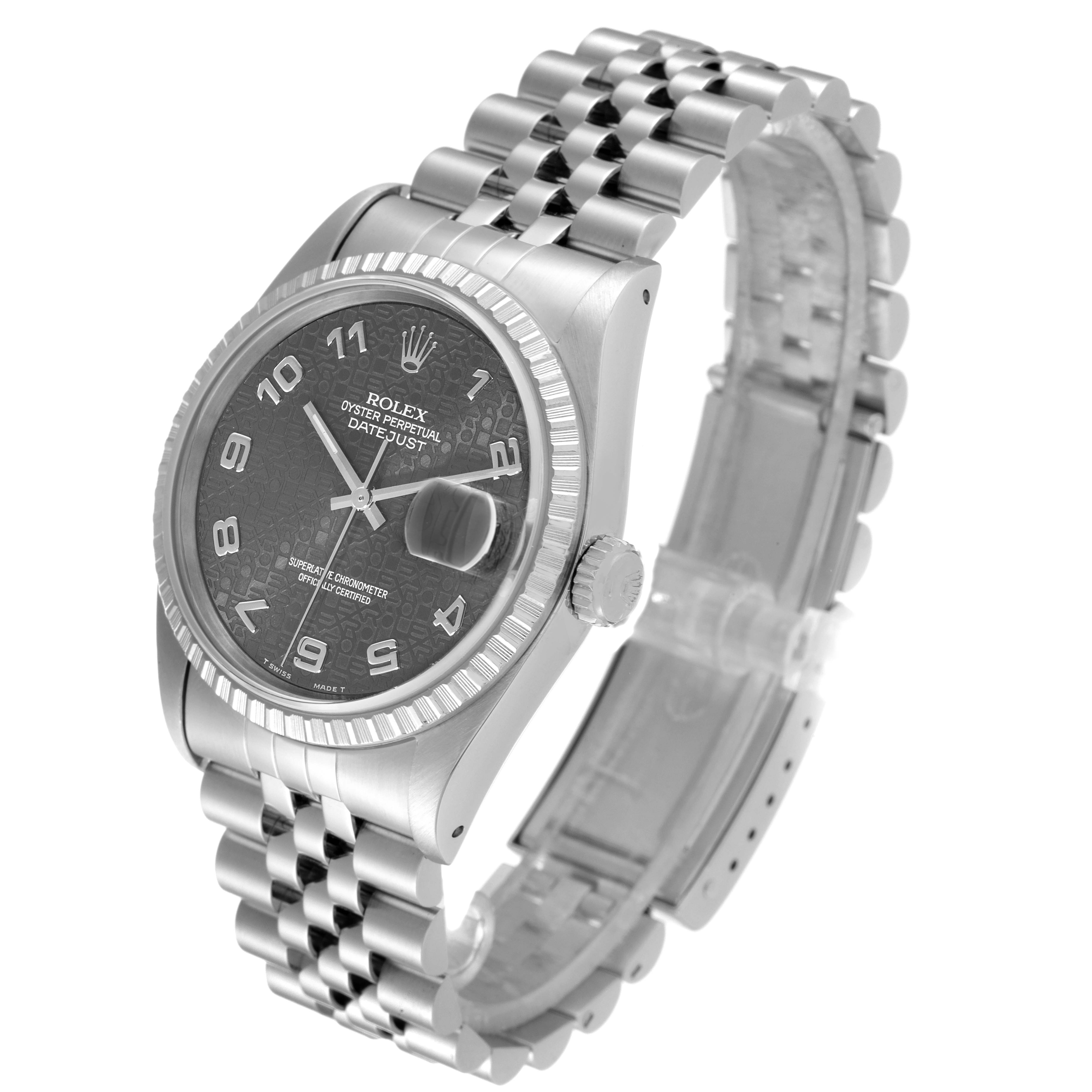 This image shows a Rolex Datejust 16220 Men
s Stainless Steel Grey Dial 16220 Men
s Stainless Steel Grey Dial watch at a slight angle, highlighting the face, crown, and part of the bracelet.