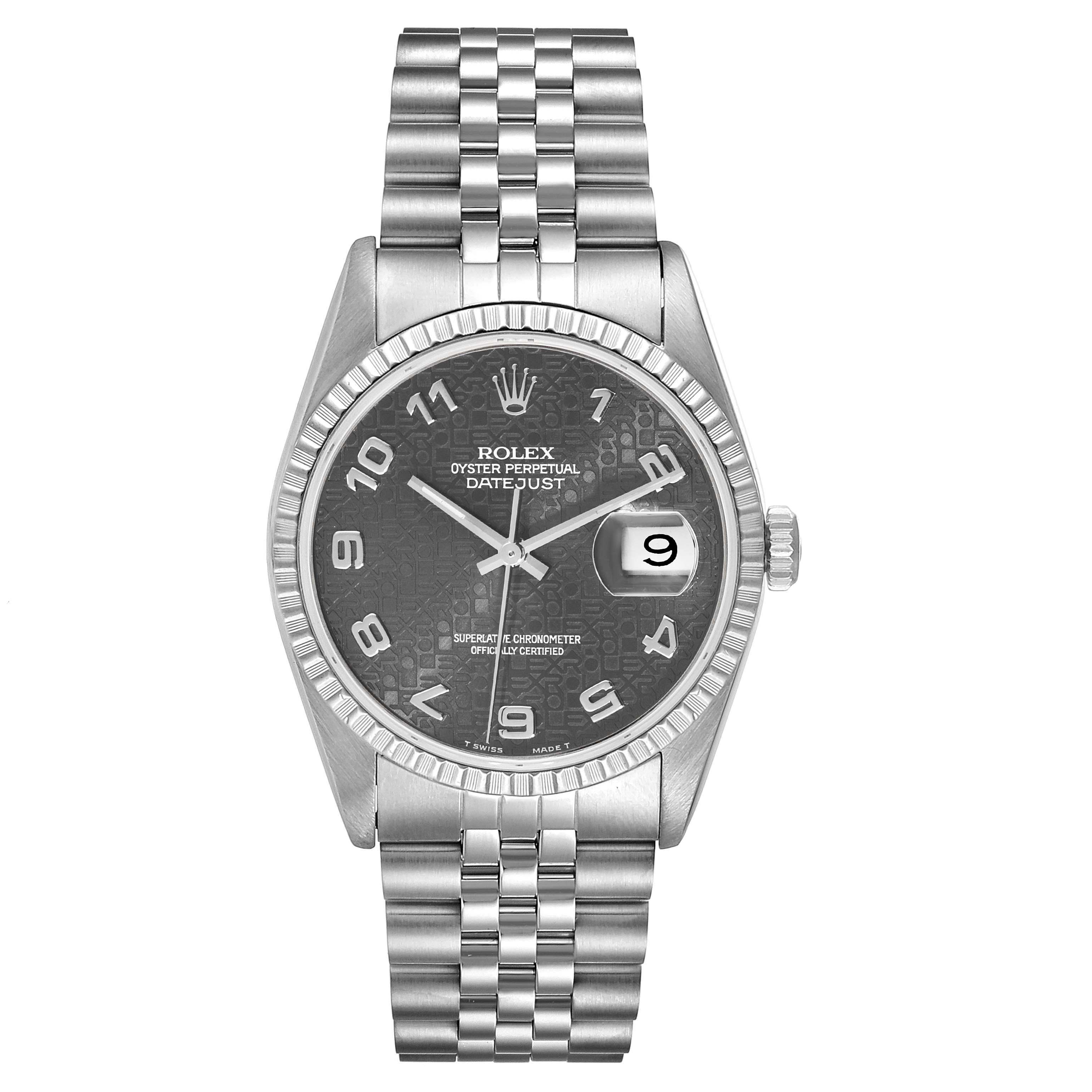 The image shows a front view of a Rolex Datejust 16220 Men
s Stainless Steel Grey Dial 16220 Men
s Stainless Steel Grey Dial watch, highlighting its face, dial, bracelet, bezel, and crown.