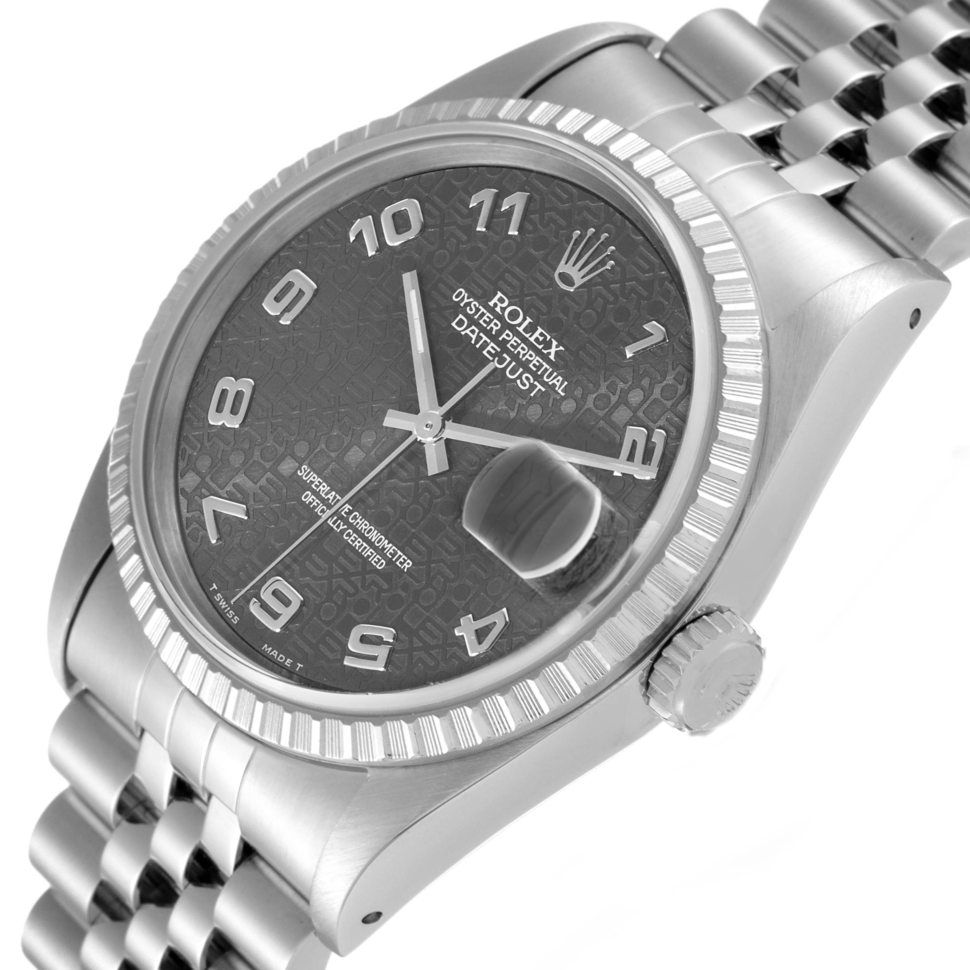 The image shows a close-up angle of the Rolex Datejust 16220 Men
s Stainless Steel Grey Dial 16220 Men
s Stainless Steel Grey Dial watch, featuring the dial, crown, bezel, and part of the bracelet.