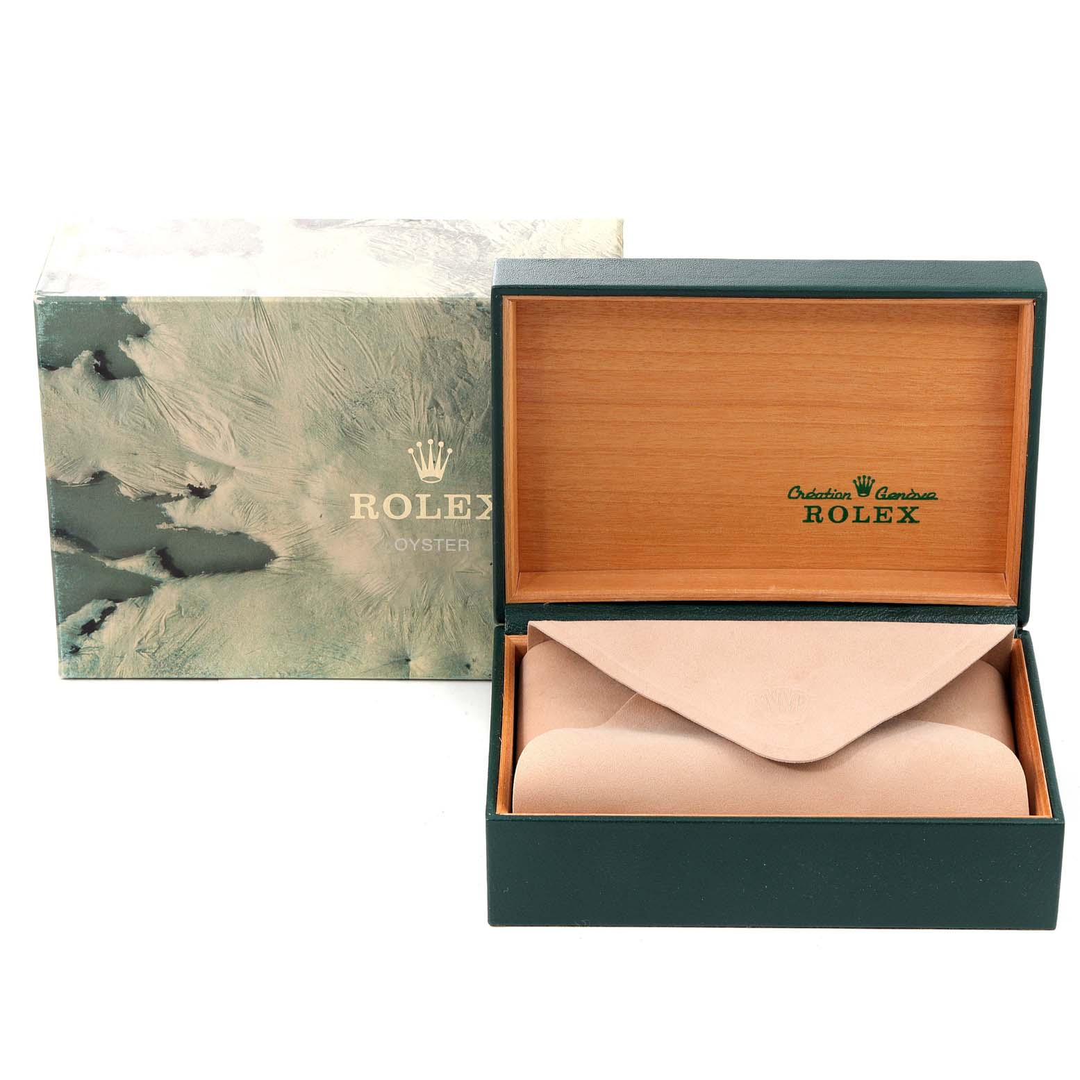 The image shows the packaging for a Rolex Datejust 16220 Men
s Stainless Steel Grey Dial 16220 Men
s Stainless Steel Grey Dial, featuring an outer box, inner box, and cushion, viewed from the front.