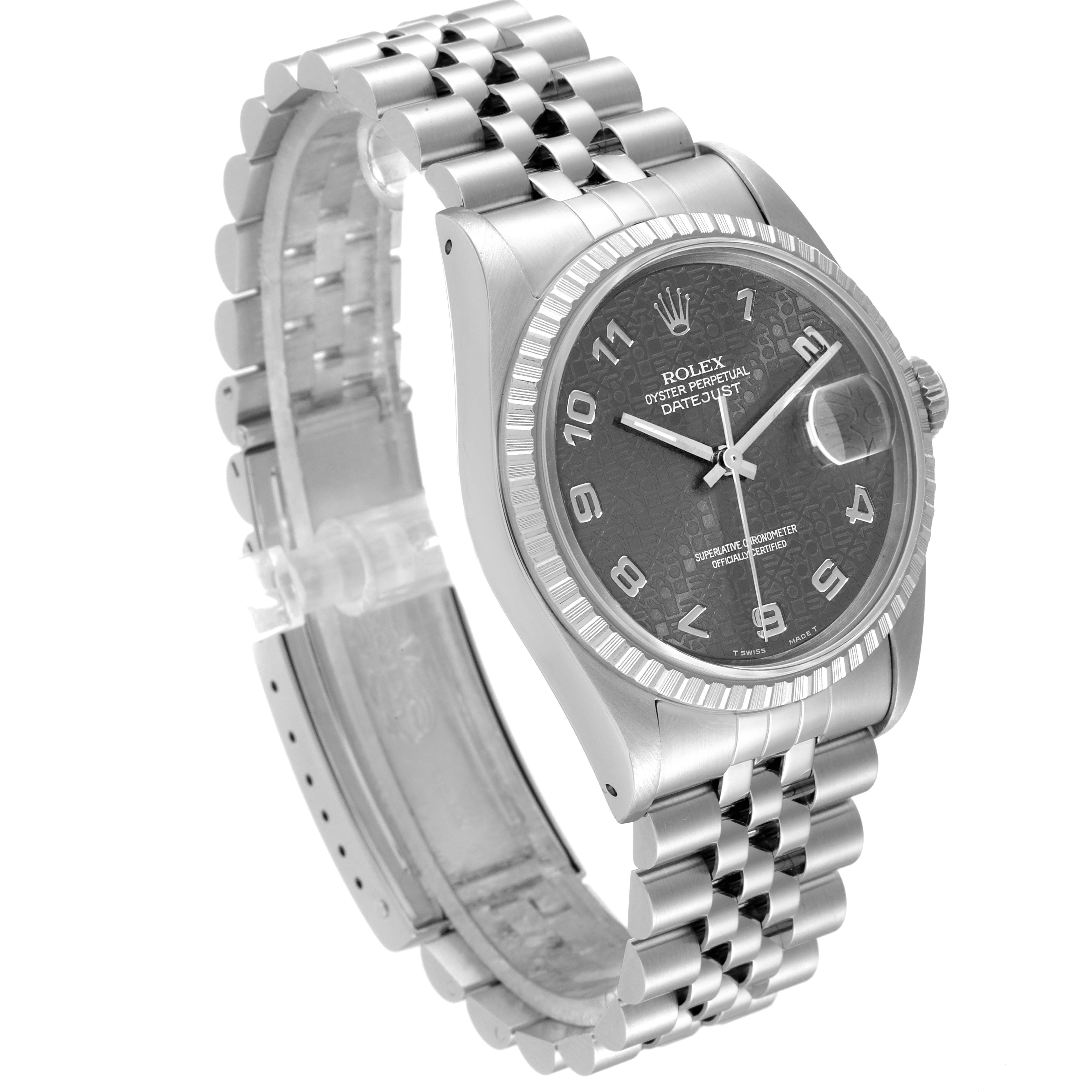 The image shows a Rolex Datejust 16220 Men
s Stainless Steel Grey Dial 16220 Men
s Stainless Steel Grey Dial watch, angled to display the face, bezel, and bracelet.
