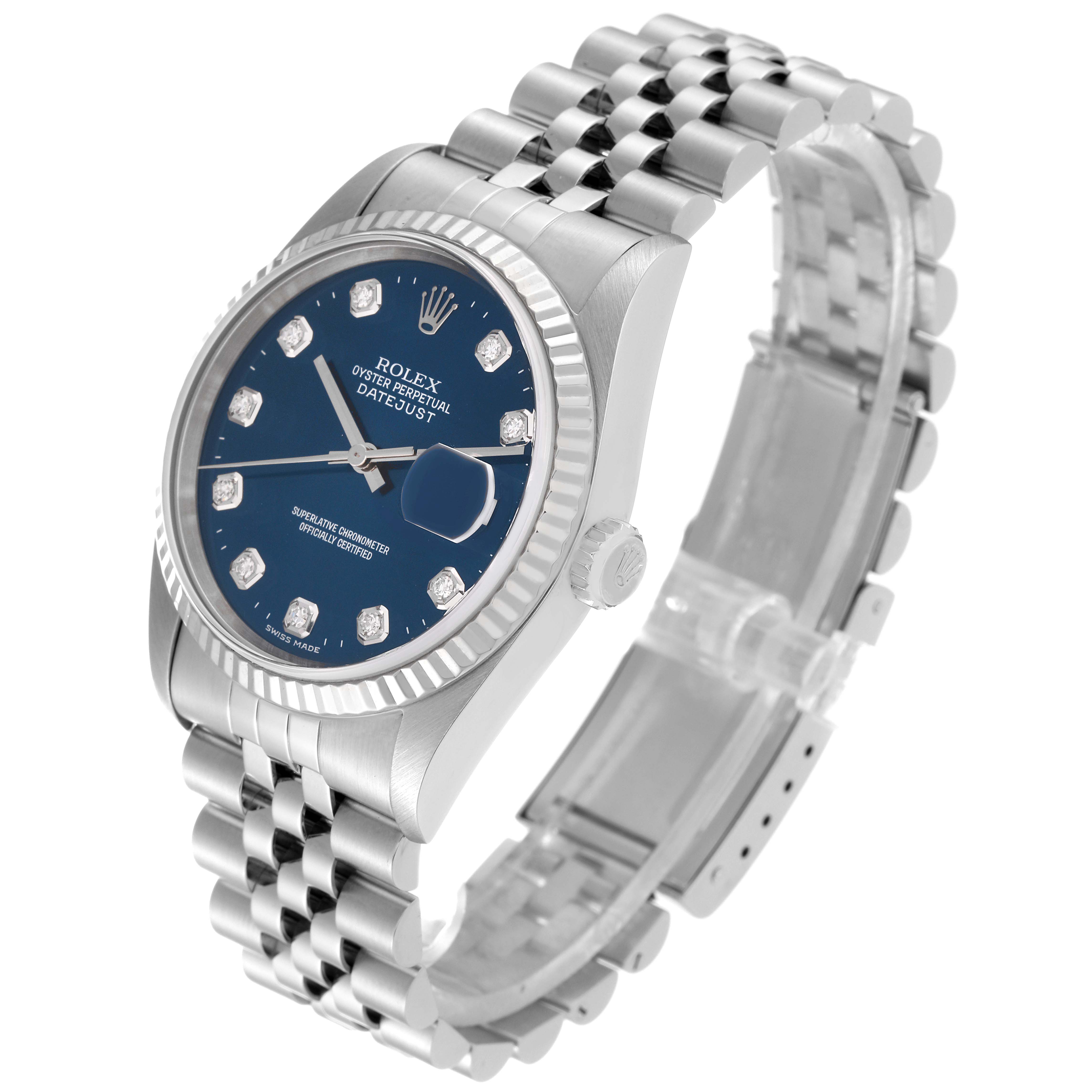 This image shows the Rolex Datejust 16234 Men's Stainless Steel Blue Dial 16234 Men's Stainless Steel Blue Dial watch at a slight angle, highlighting its face, bezel, and bracelet.
