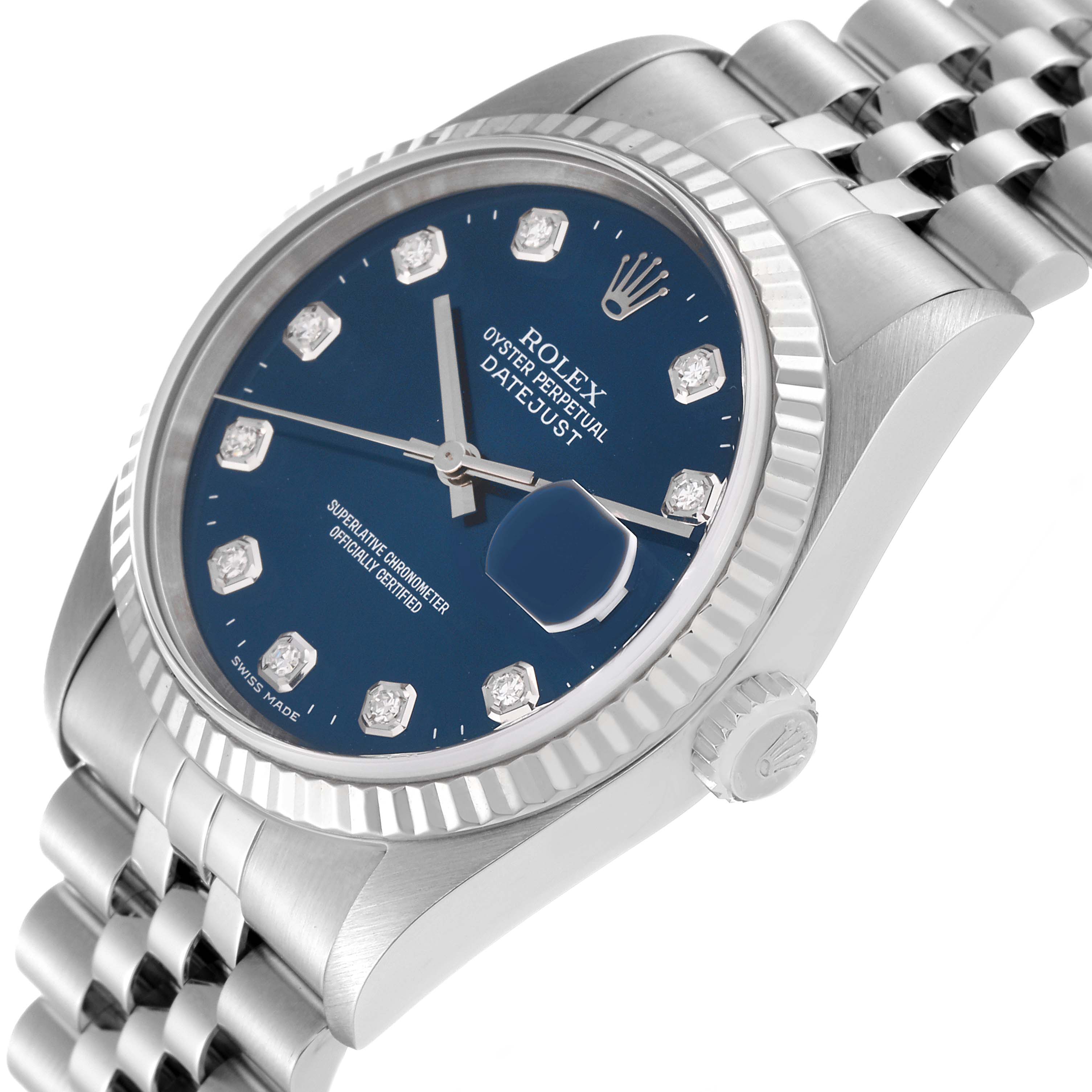 The image shows a close-up side angle of a Rolex Datejust 16234 Men's Stainless Steel Blue Dial 16234 Men's Stainless Steel Blue Dial watch, highlighting the bezel, dial, crown, and part of the bracelet.