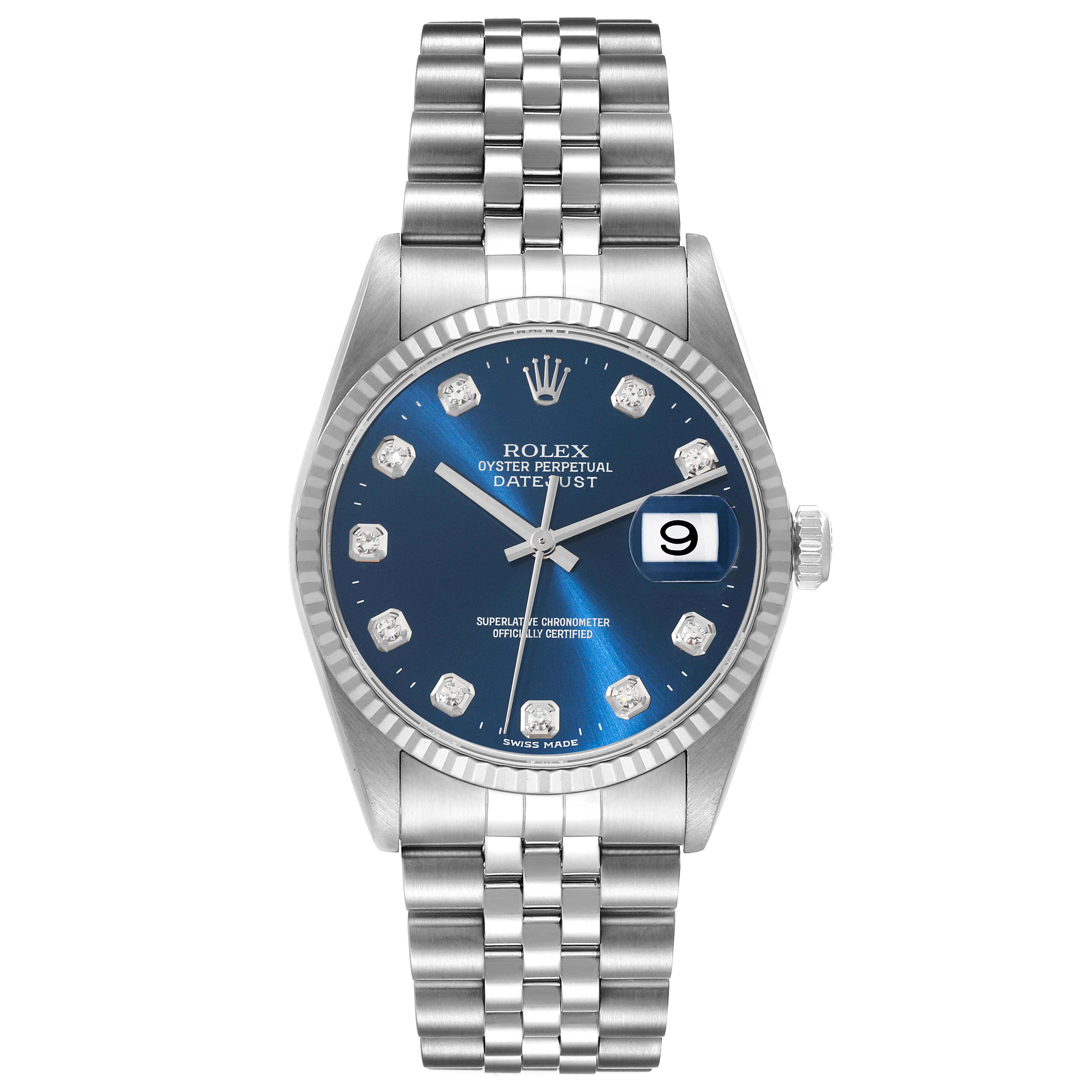 This image shows a Rolex Datejust 16234 Men's Stainless Steel Blue Dial 16234 Men's Stainless Steel Blue Dial watch, featuring a blue dial, date window, and jubilee bracelet, viewed from the front.