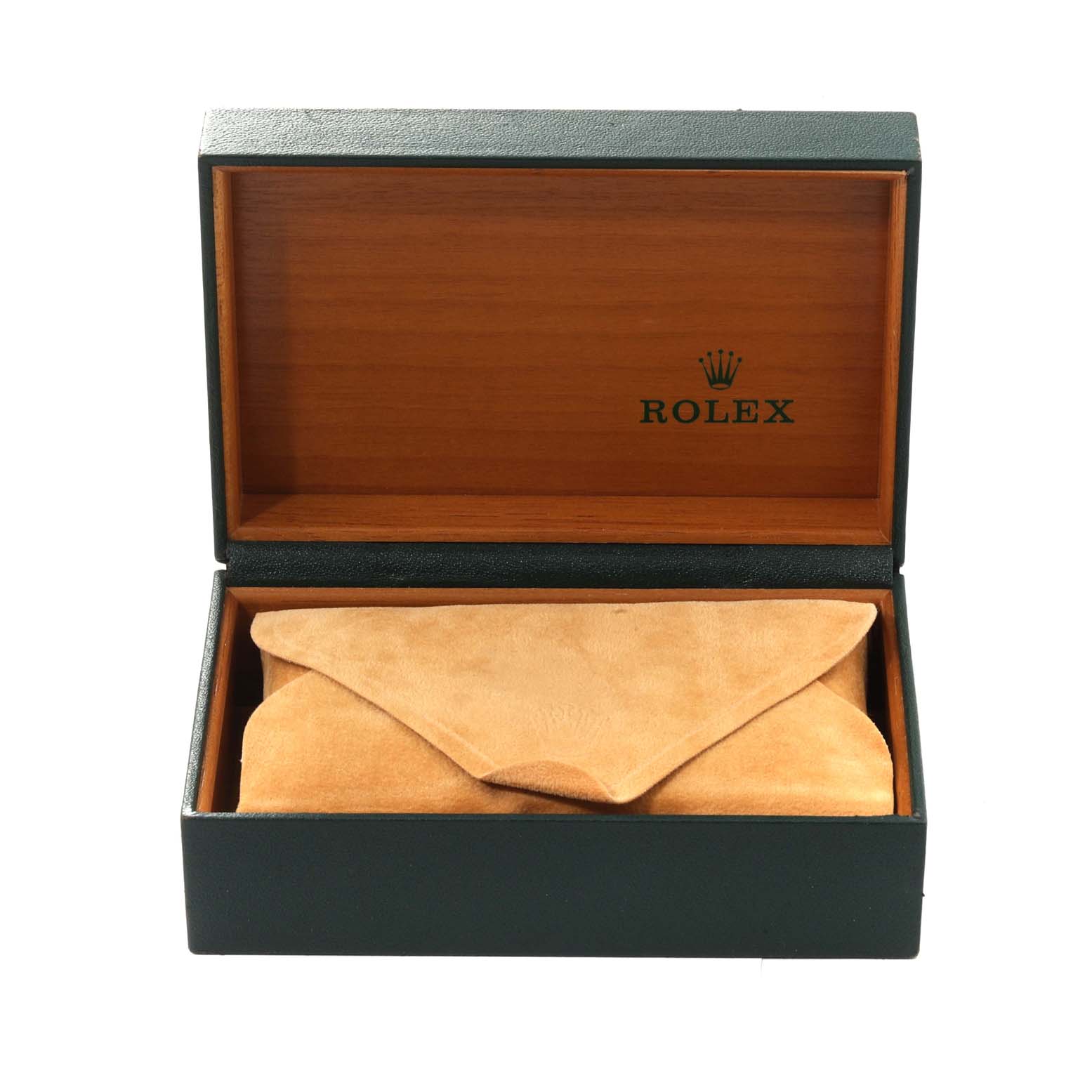 This image shows an open Rolex Datejust 16234 Men's Stainless Steel Blue Dial 16234 Men's Stainless Steel Blue Dial watch box with a beige pouch inside, viewed from the front.