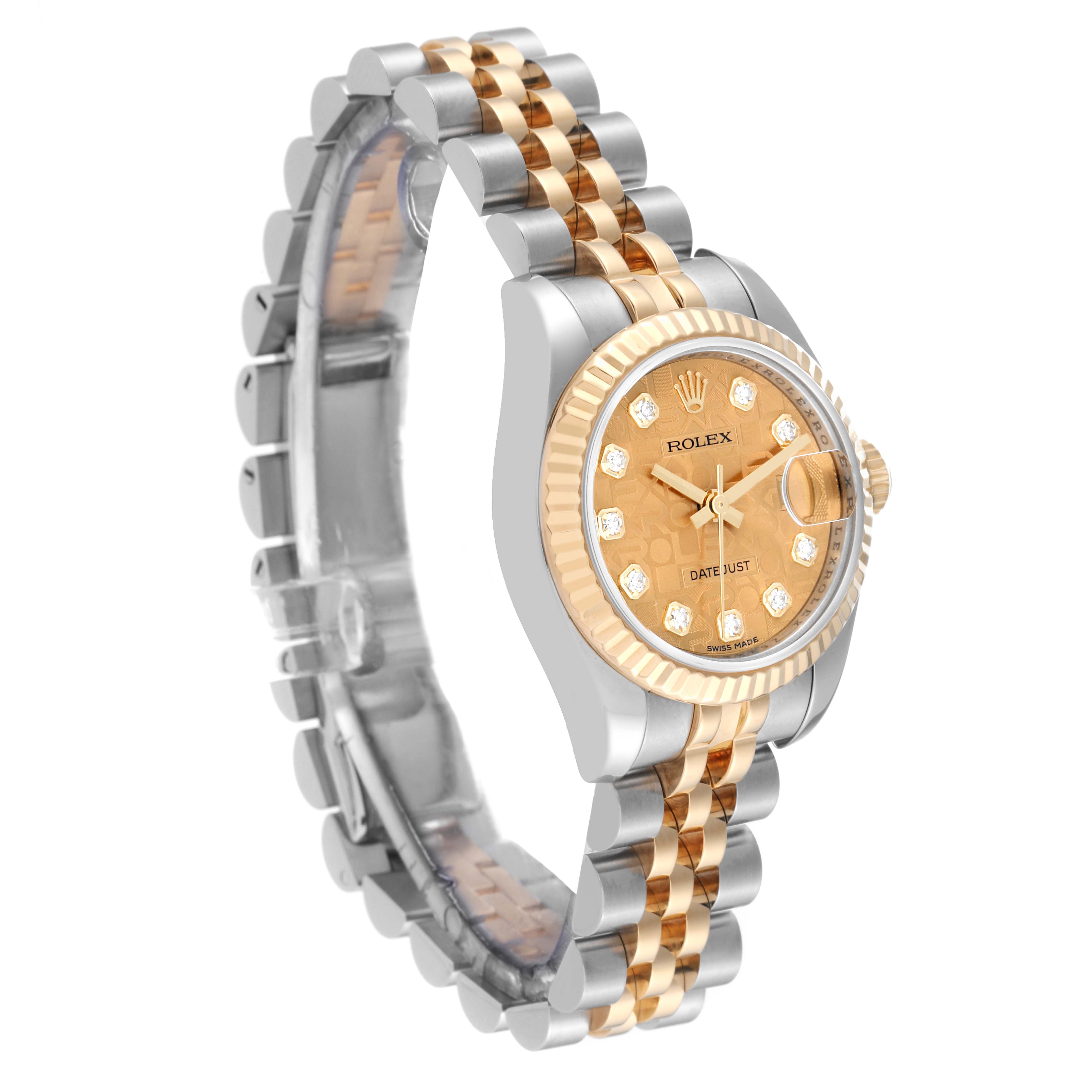 The Rolex Datejust 179173 Women's Steel and Gold (two tone) Champagne Dial 179173 Women's Steel and Gold (two tone) Champagne Dial watch is shown from an angled side view highlighting its dial, bezel, and two-tone bracelet.
