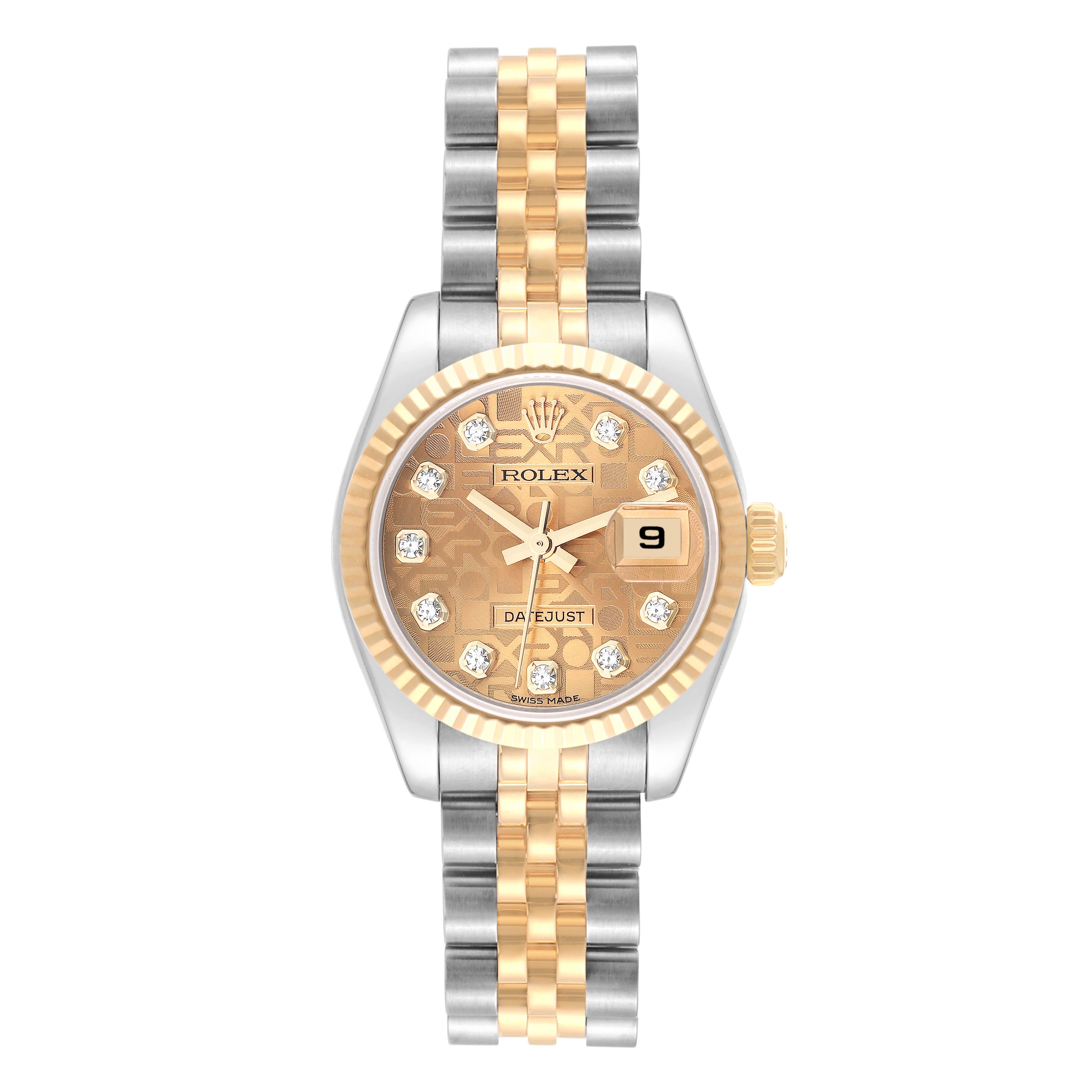 This Rolex Datejust 179173 Women's Steel and Gold (two tone) Champagne Dial 179173 Women's Steel and Gold (two tone) Champagne Dial watch is shown from a top-down angle, displaying the dial, bezel, and bracelet.