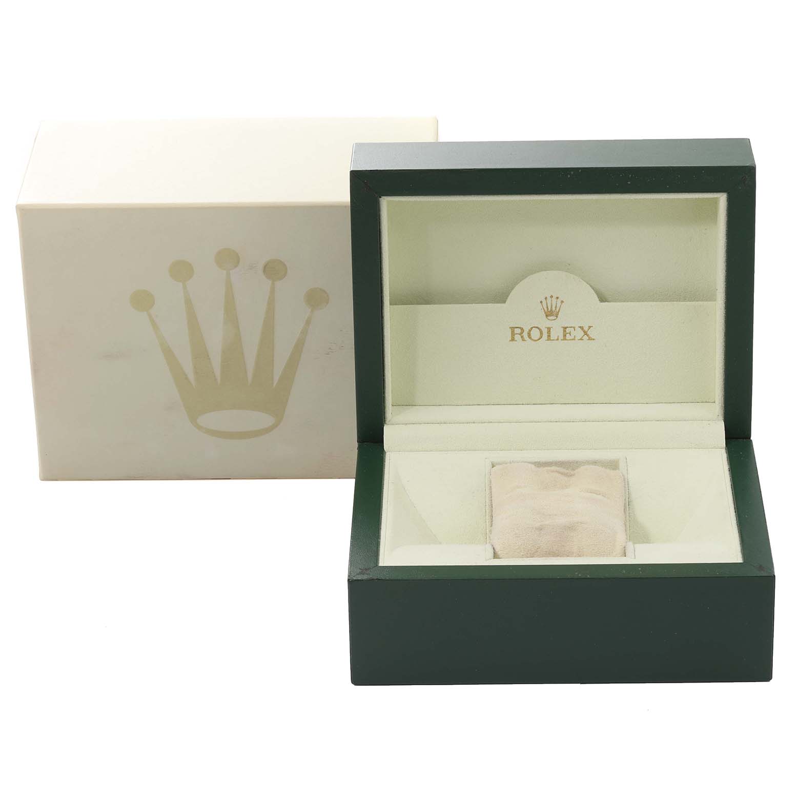 This image shows a Rolex Datejust 179173 Women's Steel and Gold (two tone) Champagne Dial 179173 Women's Steel and Gold (two tone) Champagne Dial watch box, including both the outer box and open inner box with the cushion inside.