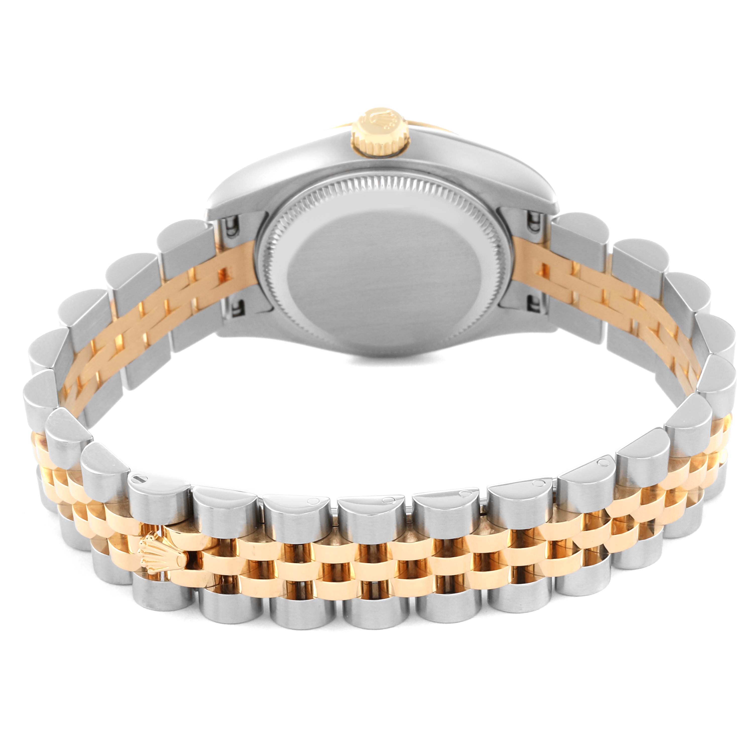 This image shows the back of a Rolex Datejust 179173 Women's Steel and Gold (two tone) Champagne Dial 179173 Women's Steel and Gold (two tone) Champagne Dial watch, focusing on the case back and the two-tone Jubilee bracelet.