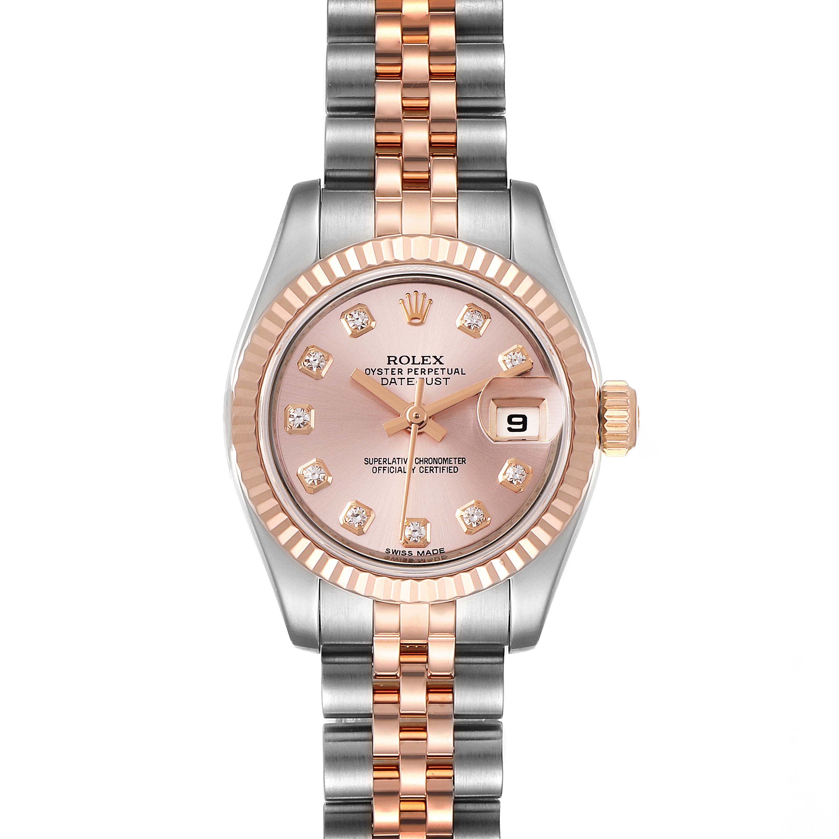 The image shows a front view of a Rolex Datejust 179171 Women's Steel and Gold (two tone) Pink Dial 179171 Women's Steel and Gold (two tone) Pink Dial watch, featuring a pink dial, date display, and two-tone bracelet.
