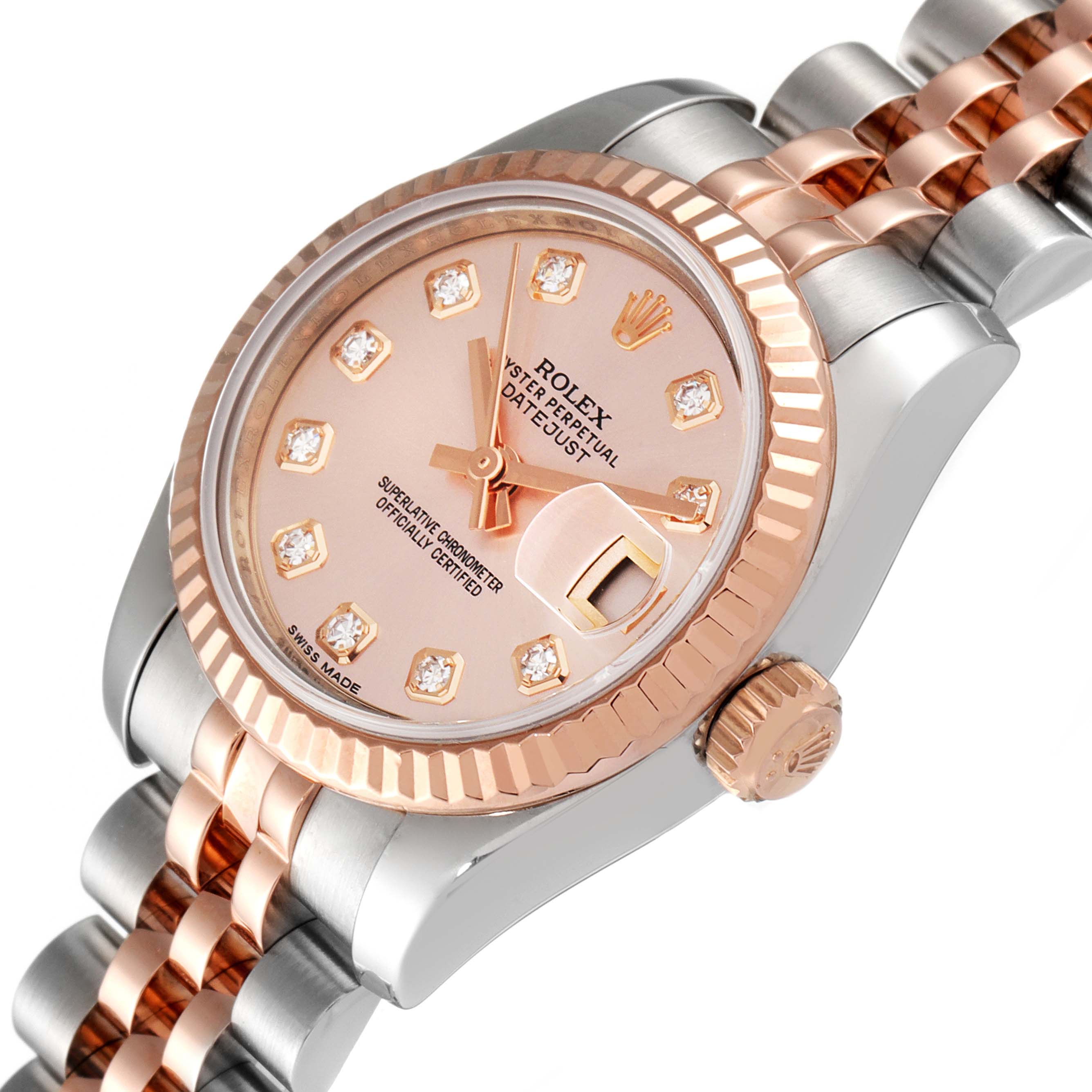 The image shows a close-up view of a Rolex Datejust 179171 Women's Steel and Gold (two tone) Pink Dial 179171 Women's Steel and Gold (two tone) Pink Dial watch, highlighting the bezel, dial, hands, and part of the bracelet.