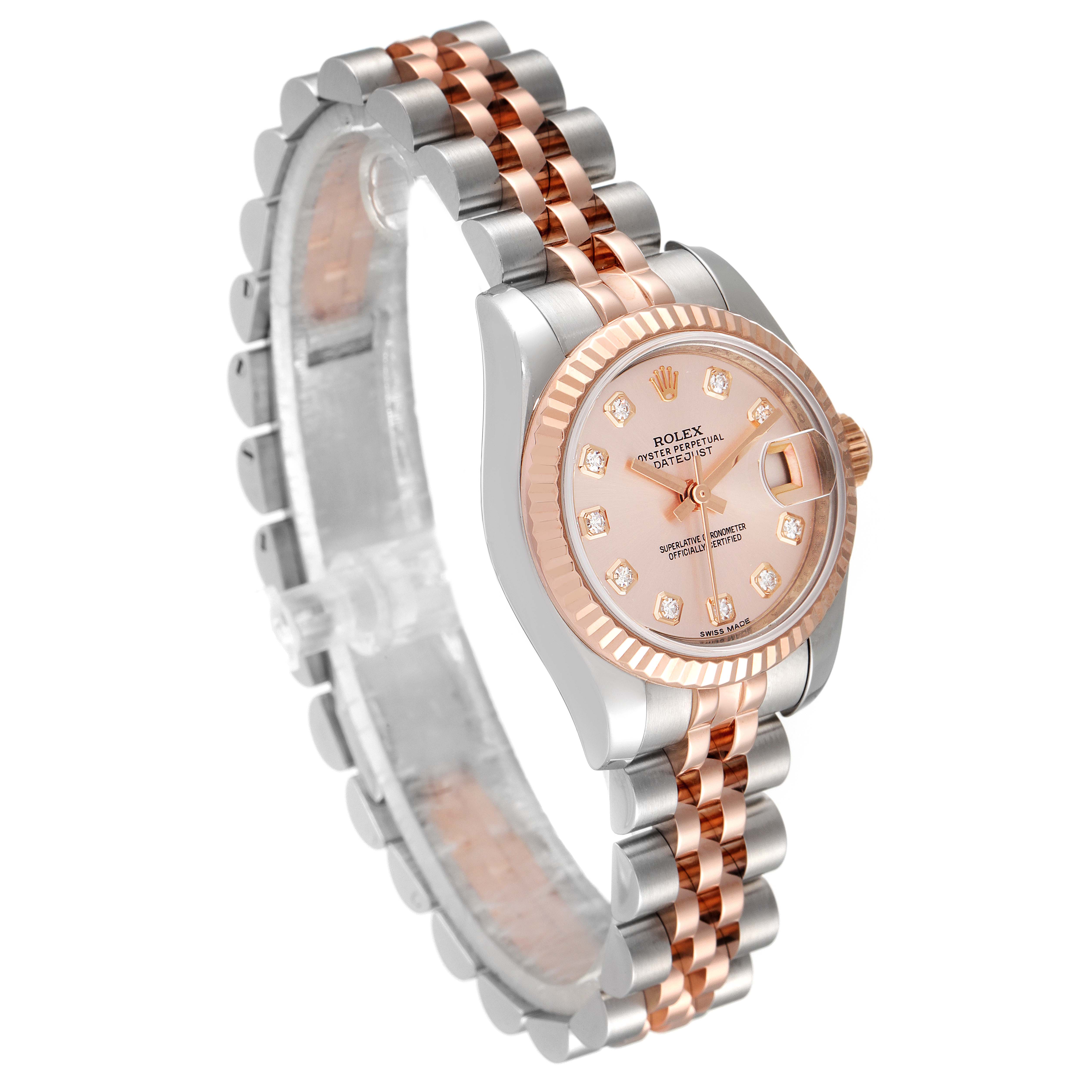 This Rolex Datejust 179171 Women's Steel and Gold (two tone) Pink Dial 179171 Women's Steel and Gold (two tone) Pink Dial watch is shown from an angled perspective highlighting the full dial, bezel, and two-tone bracelet.