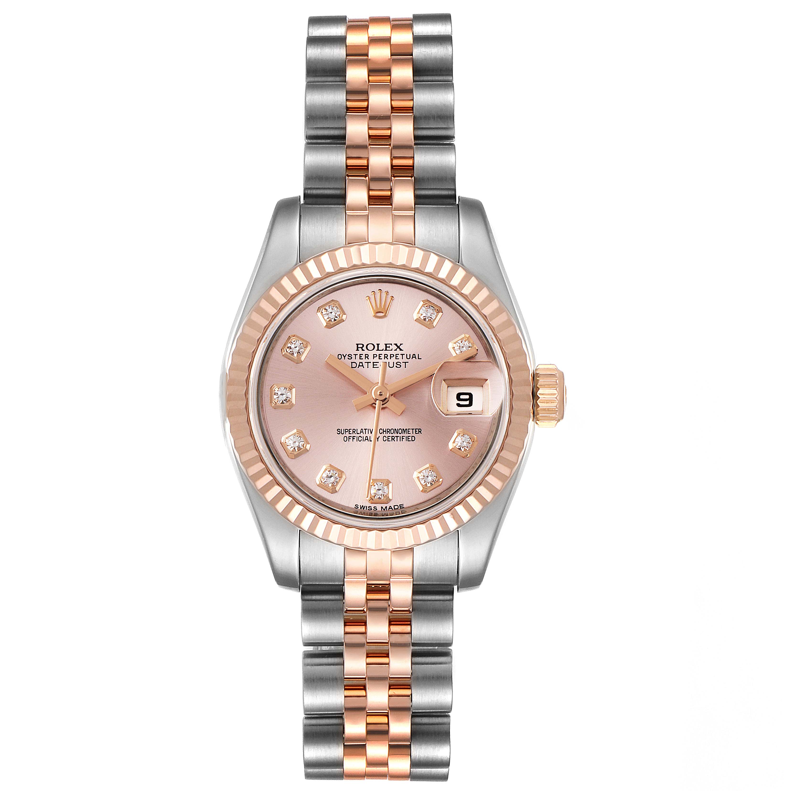This image shows a front view of a Rolex Datejust 179171 Women's Steel and Gold (two tone) Pink Dial 179171 Women's Steel and Gold (two tone) Pink Dial watch, featuring a two-tone band, fluted bezel, and diamond hour markers.