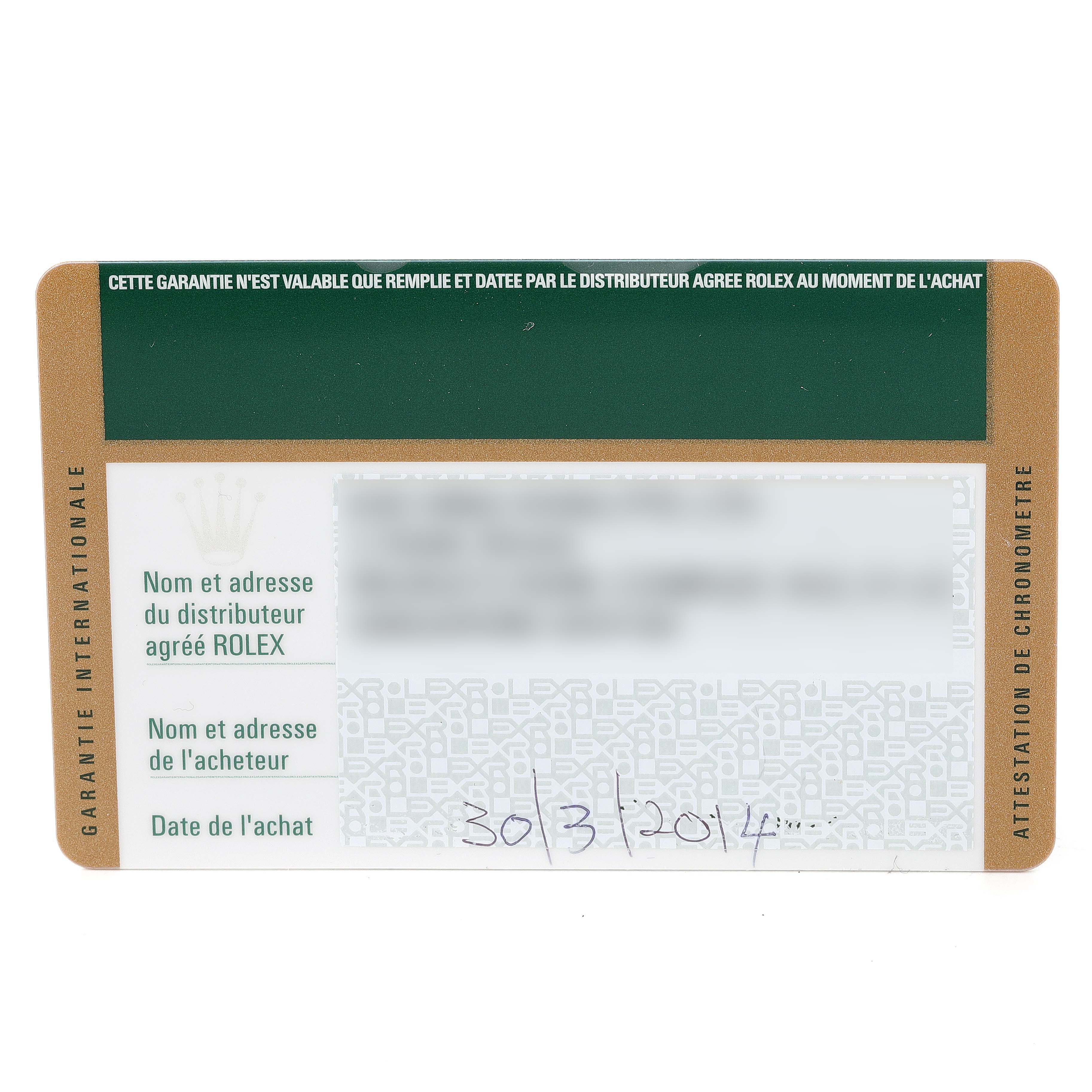 This image shows the international warranty card for the Rolex Datejust 179171 Women's Steel and Gold (two tone) Pink Dial 179171 Women's Steel and Gold (two tone) Pink Dial model.