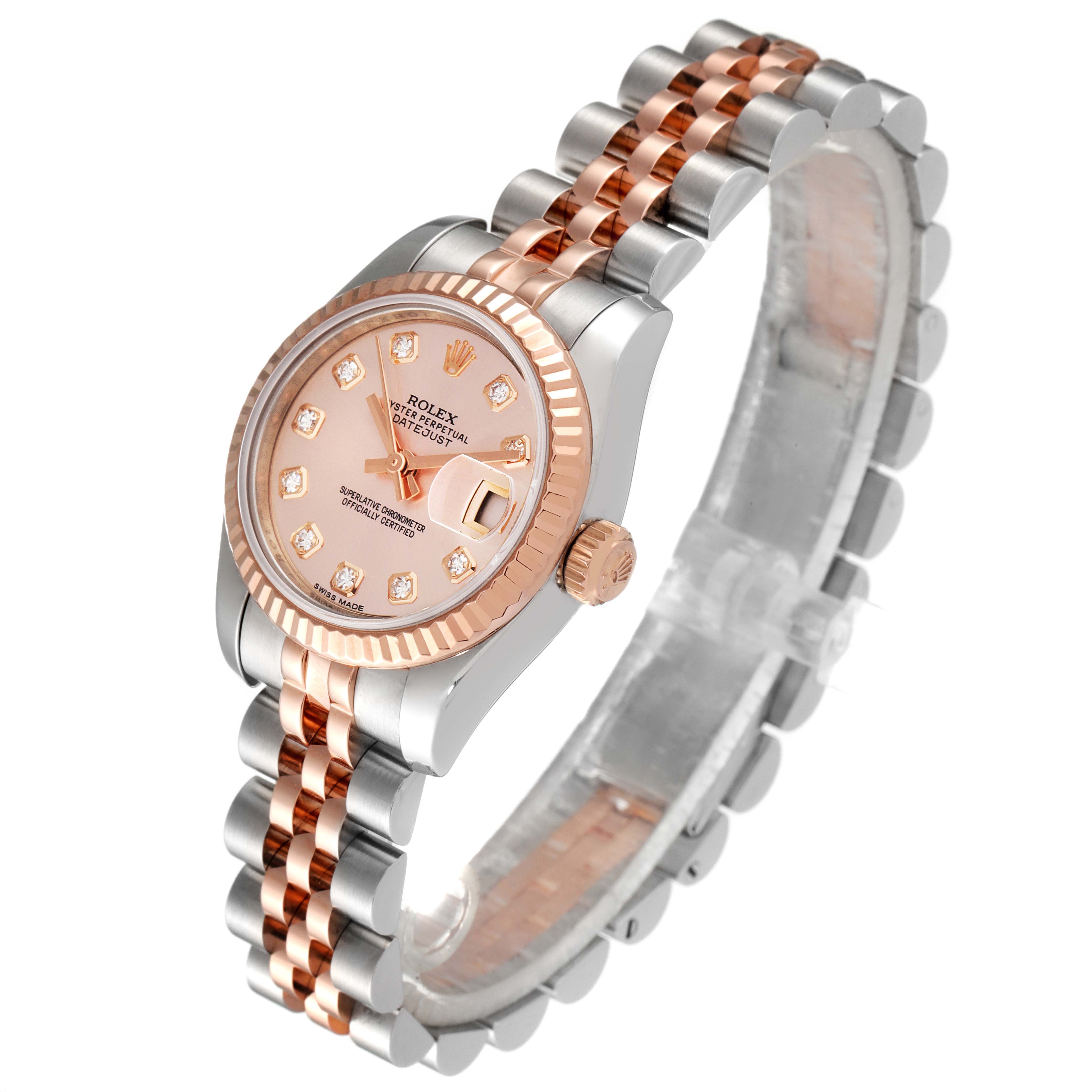 The Rolex Datejust 179171 Women's Steel and Gold (two tone) Pink Dial 179171 Women's Steel and Gold (two tone) Pink Dial watch shown is angled to display the dial, bezel, crown, and part of the bracelet clearly.