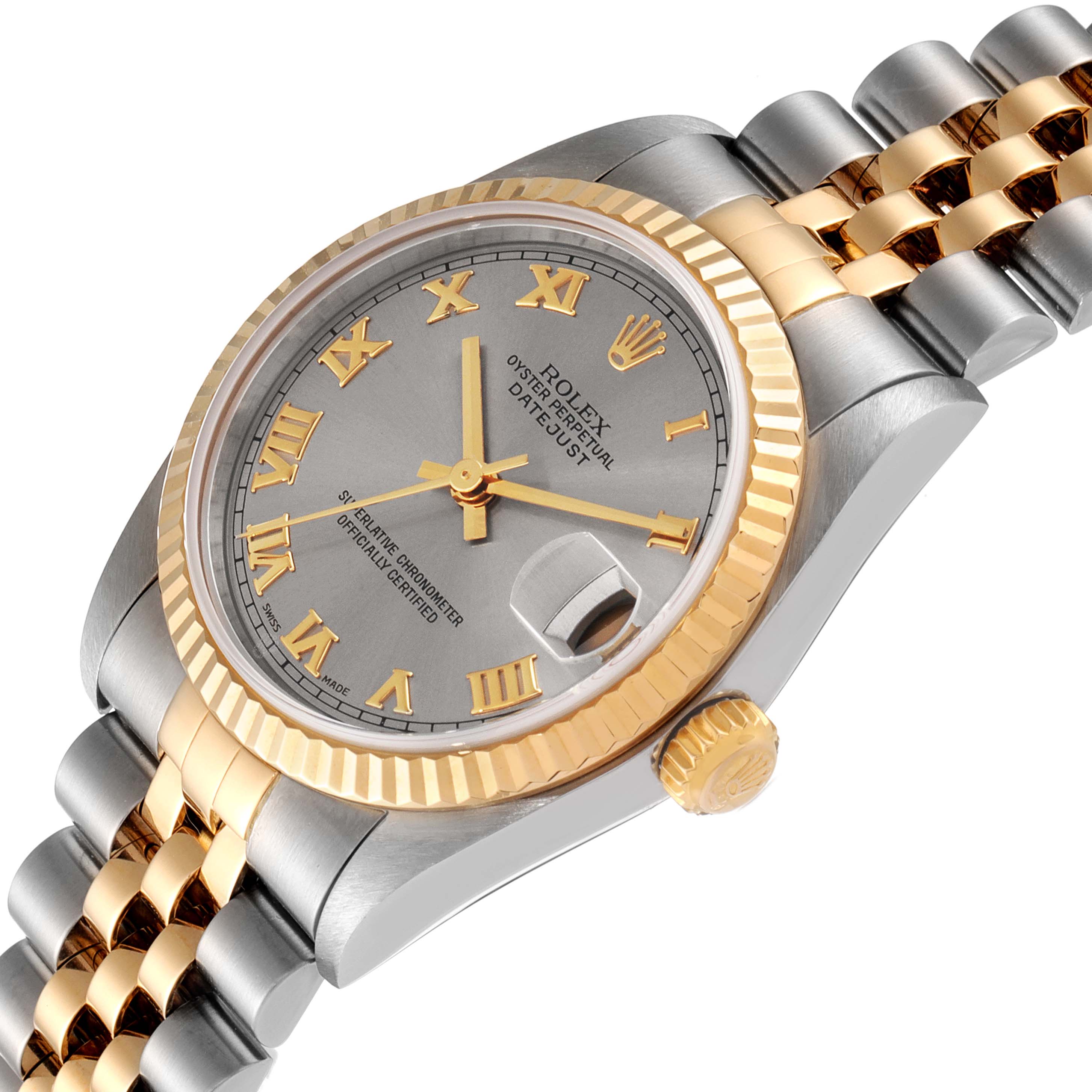 The image shows a close-up side angle of a Rolex Mid-Size 78273 Women's Steel and Gold (two tone) Grey Dial 78273 Women's Steel and Gold (two tone) Grey Dial model, highlighting the dial, crown, bezel, and bracelet.