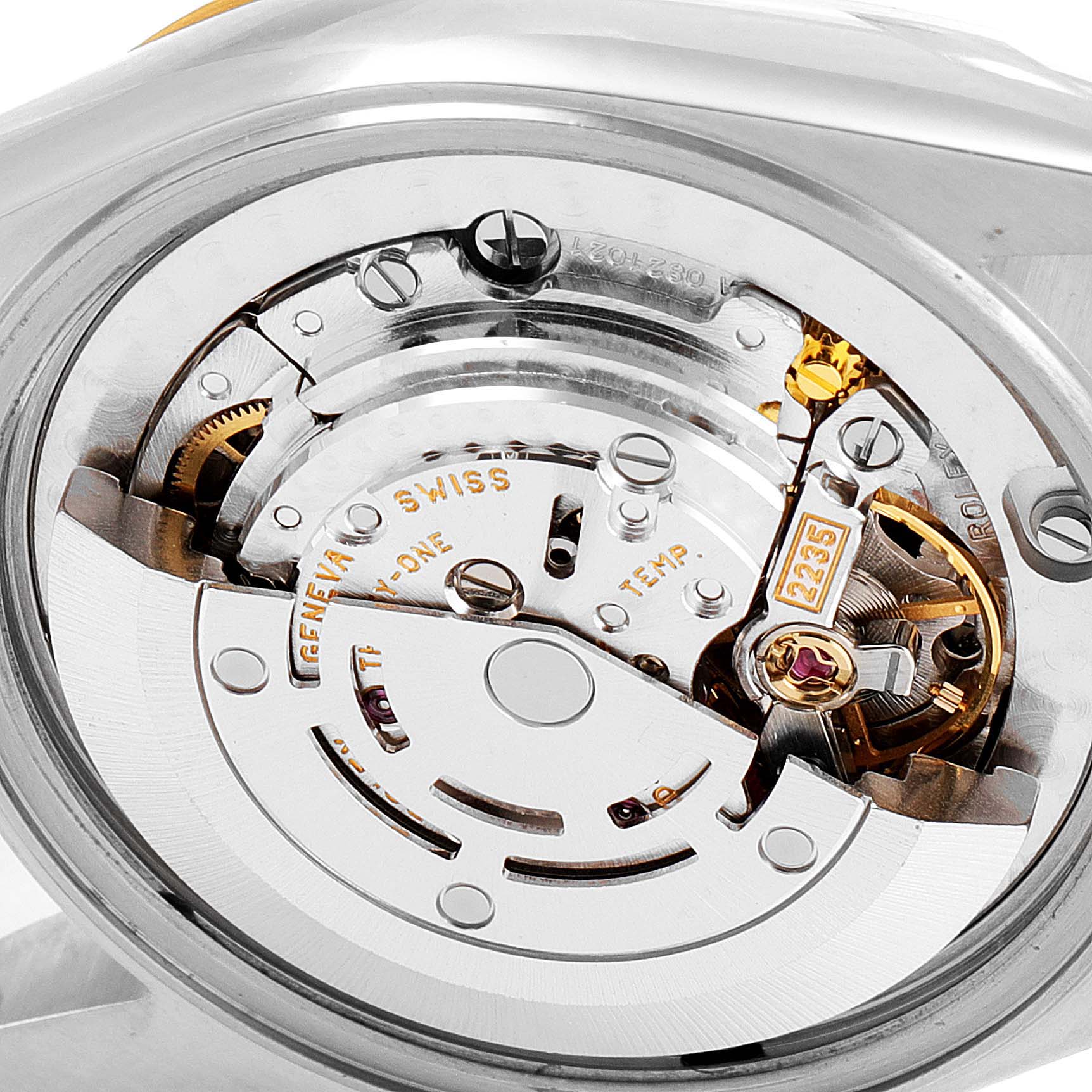 The image shows a close-up view of the movement mechanism of a Rolex Mid-Size 78273 Women's Steel and Gold (two tone) Grey Dial 78273 Women's Steel and Gold (two tone) Grey Dial model watch.