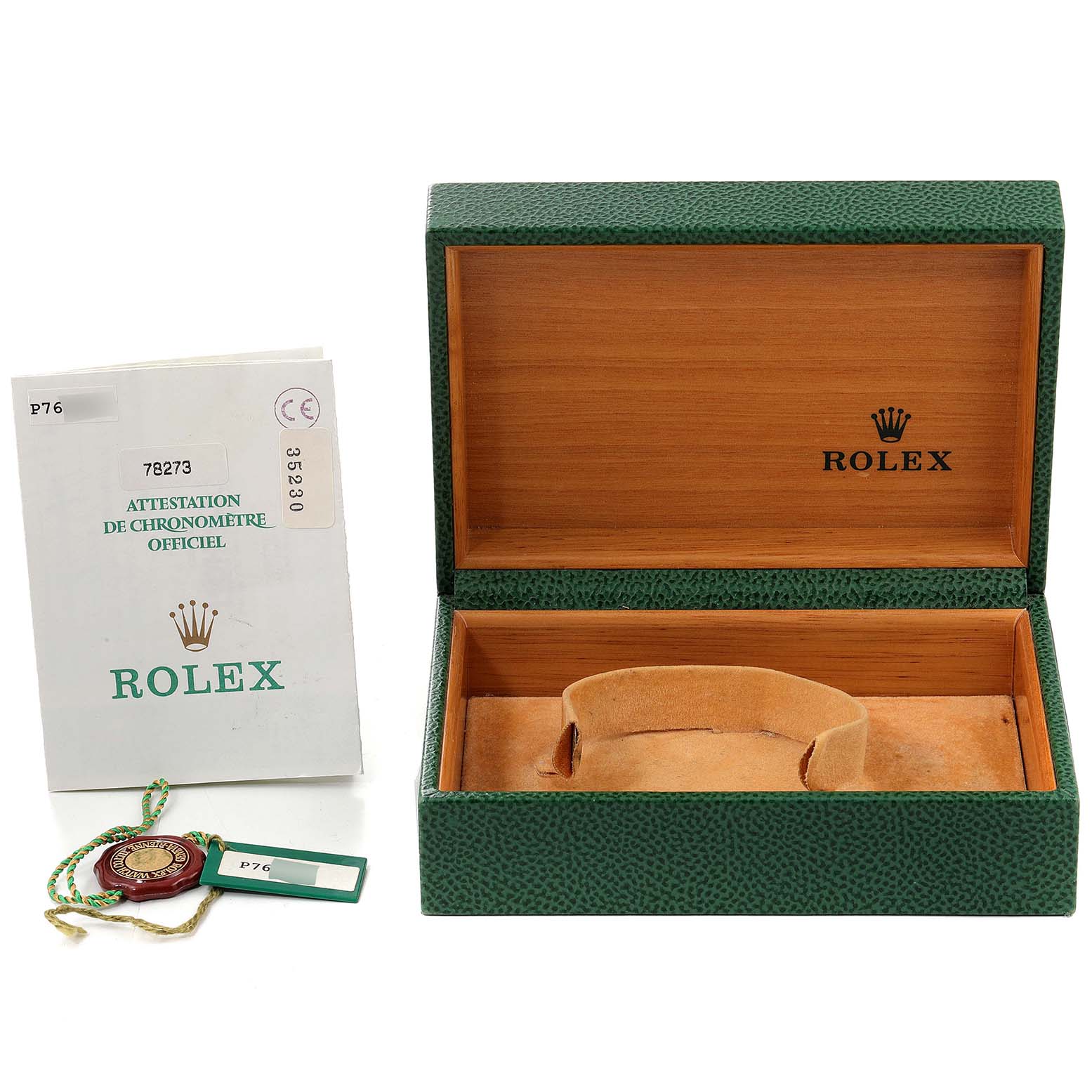 The image shows a Rolex Mid-Size 78273 Women's Steel and Gold (two tone) Grey Dial 78273 Women's Steel and Gold (two tone) Grey Dial model watch box, certificate, and tag from a frontal angle.