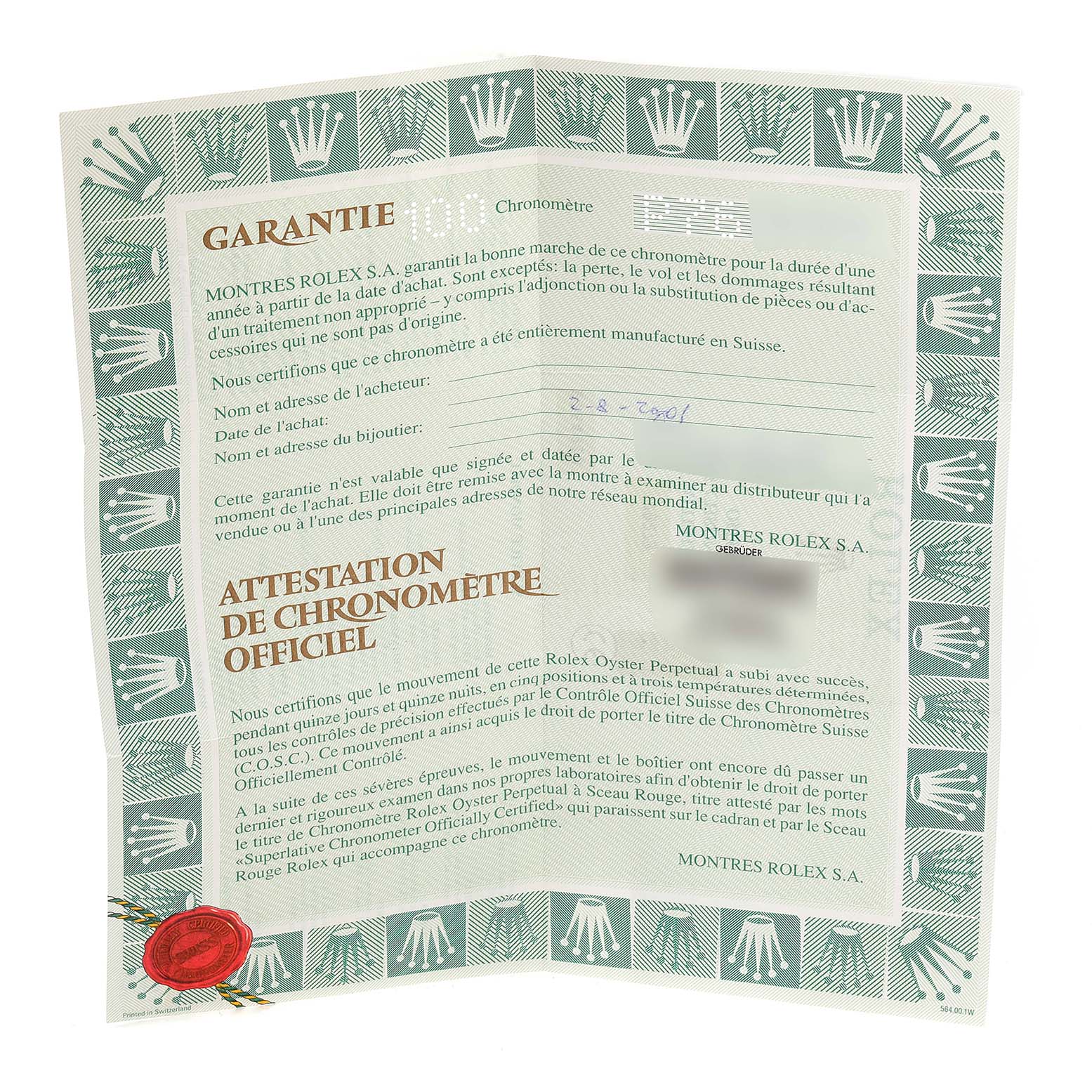 The image shows a warranty certificate and official chronometer certification for a Mid-Size Rolex watch.