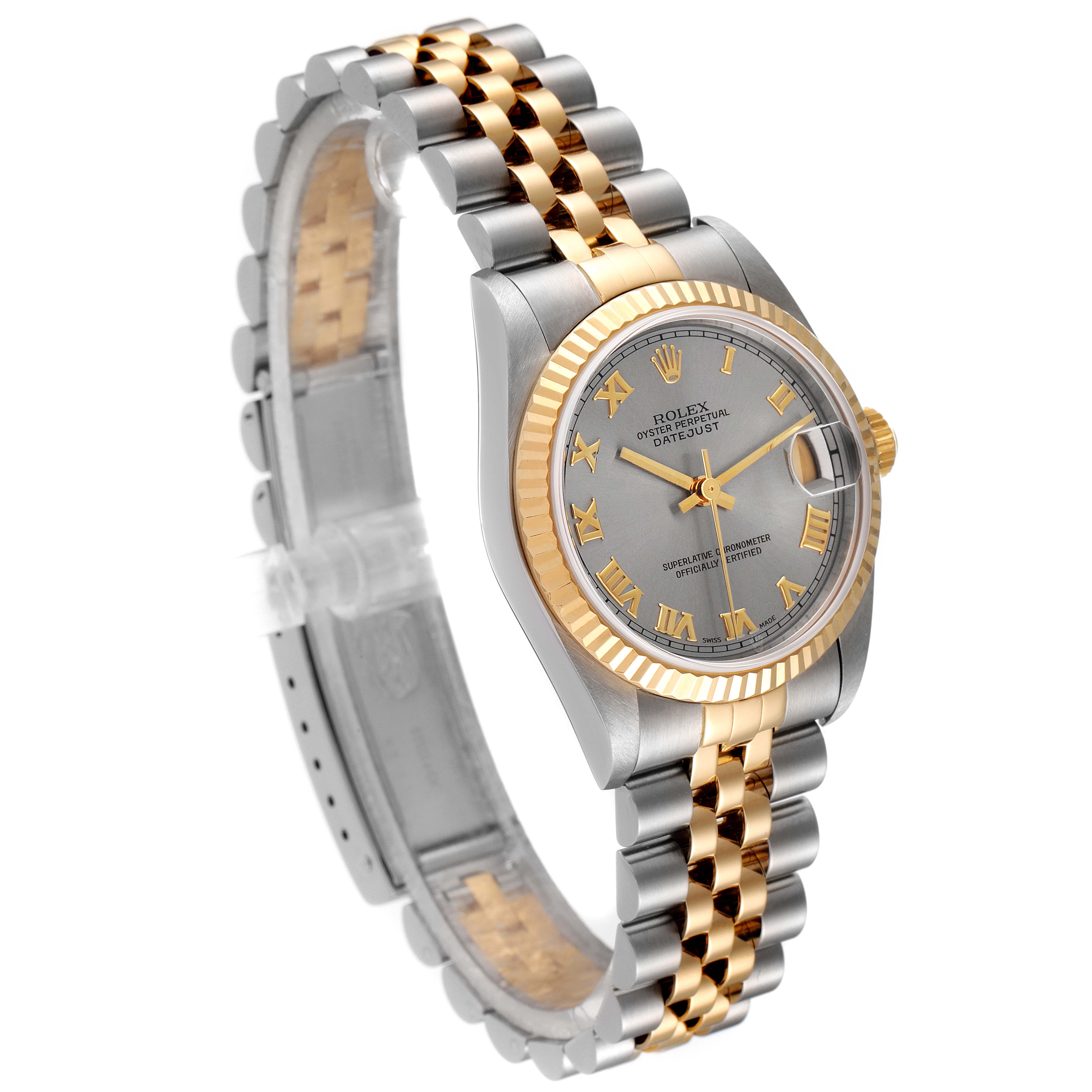 The Rolex Mid-Size 78273 Women's Steel and Gold (two tone) Grey Dial 78273 Women's Steel and Gold (two tone) Grey Dial model watch is shown at an angle highlighting the face, bezel, and two-tone bracelet.