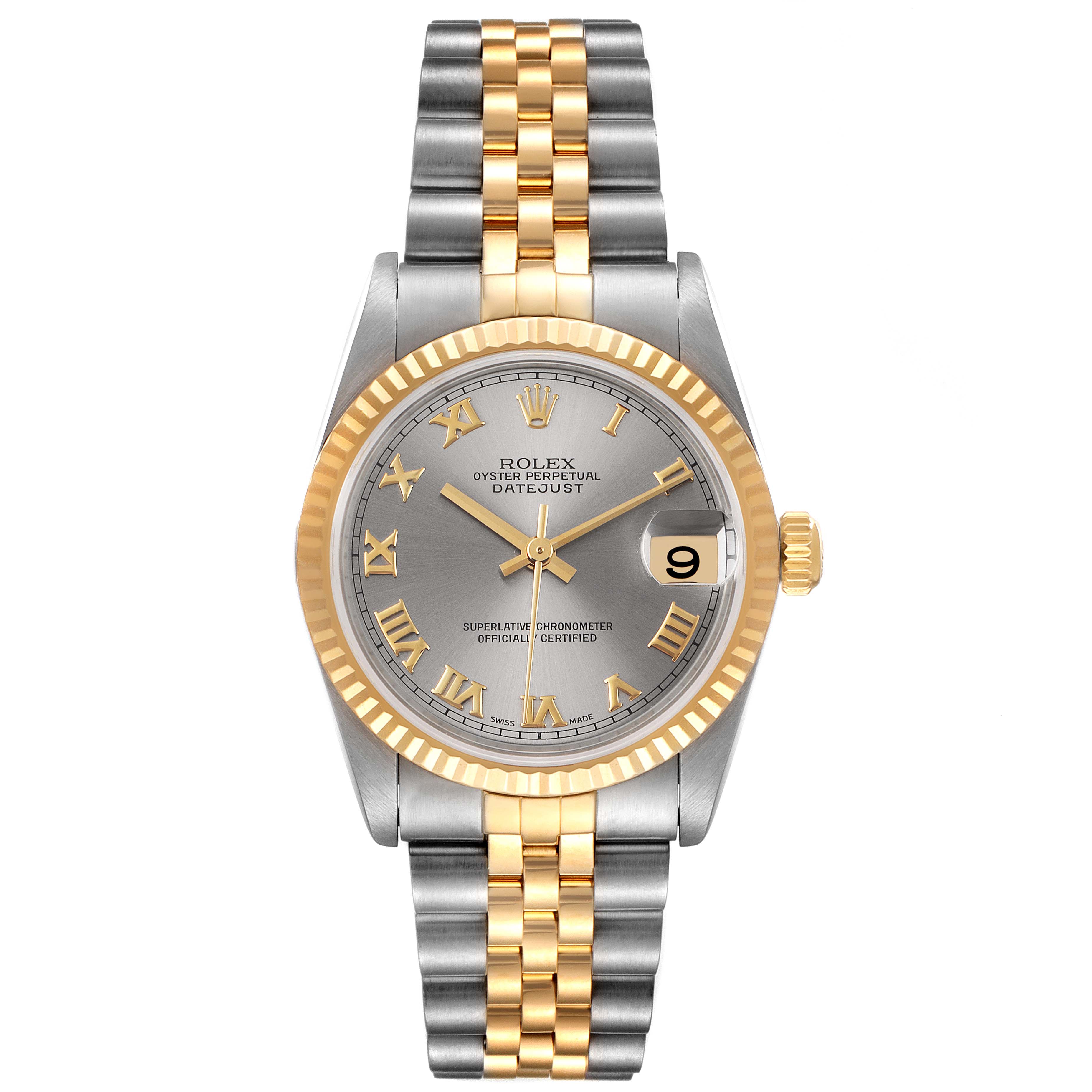 This image shows a front view of a Rolex Mid-Size 78273 Women's Steel and Gold (two tone) Grey Dial 78273 Women's Steel and Gold (two tone) Grey Dial Datejust watch with a two-tone bracelet and a fluted bezel.