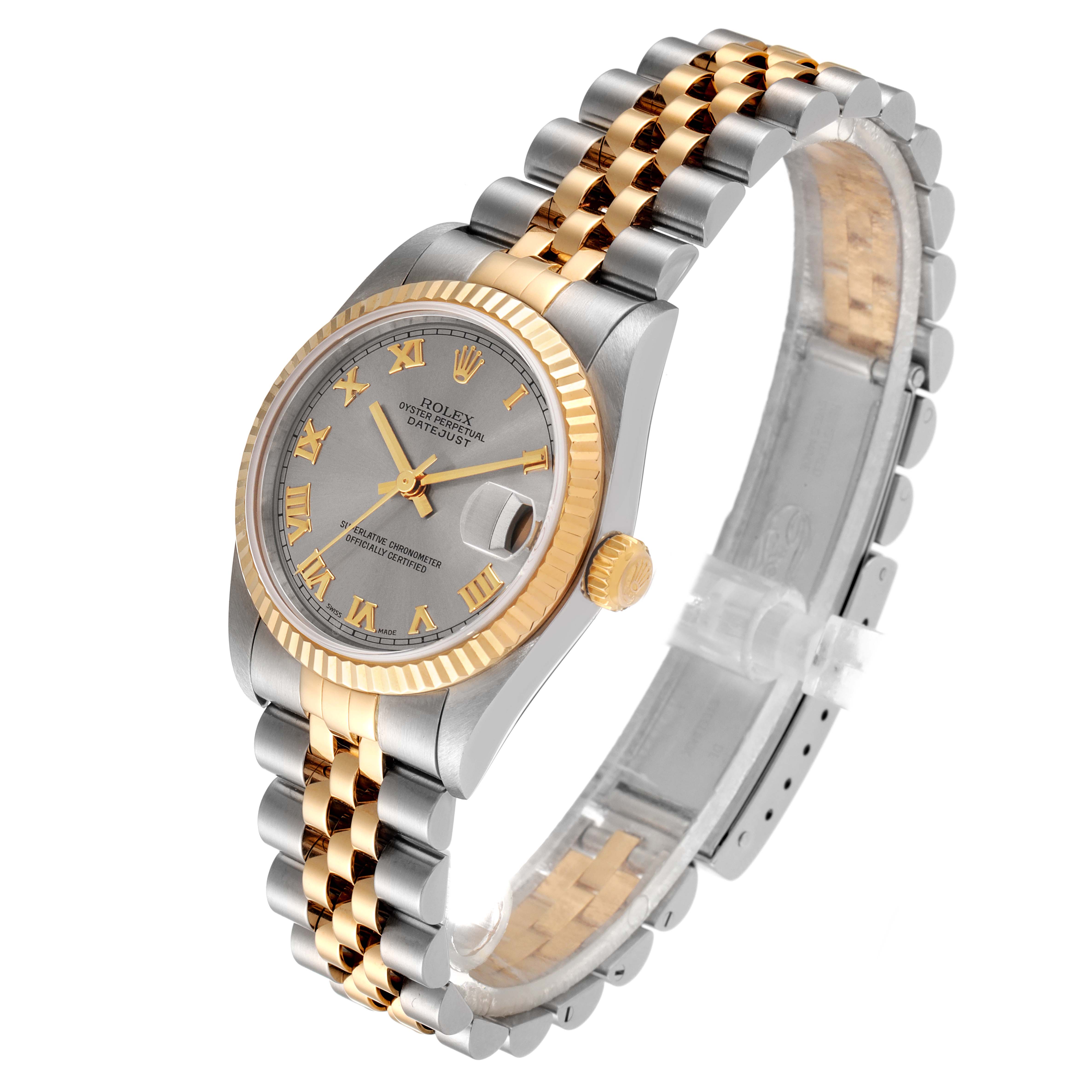 This image shows a side-angle view of a Rolex Mid-Size 78273 Women's Steel and Gold (two tone) Grey Dial 78273 Women's Steel and Gold (two tone) Grey Dial Datejust watch, featuring its face, bracelet, and crown.