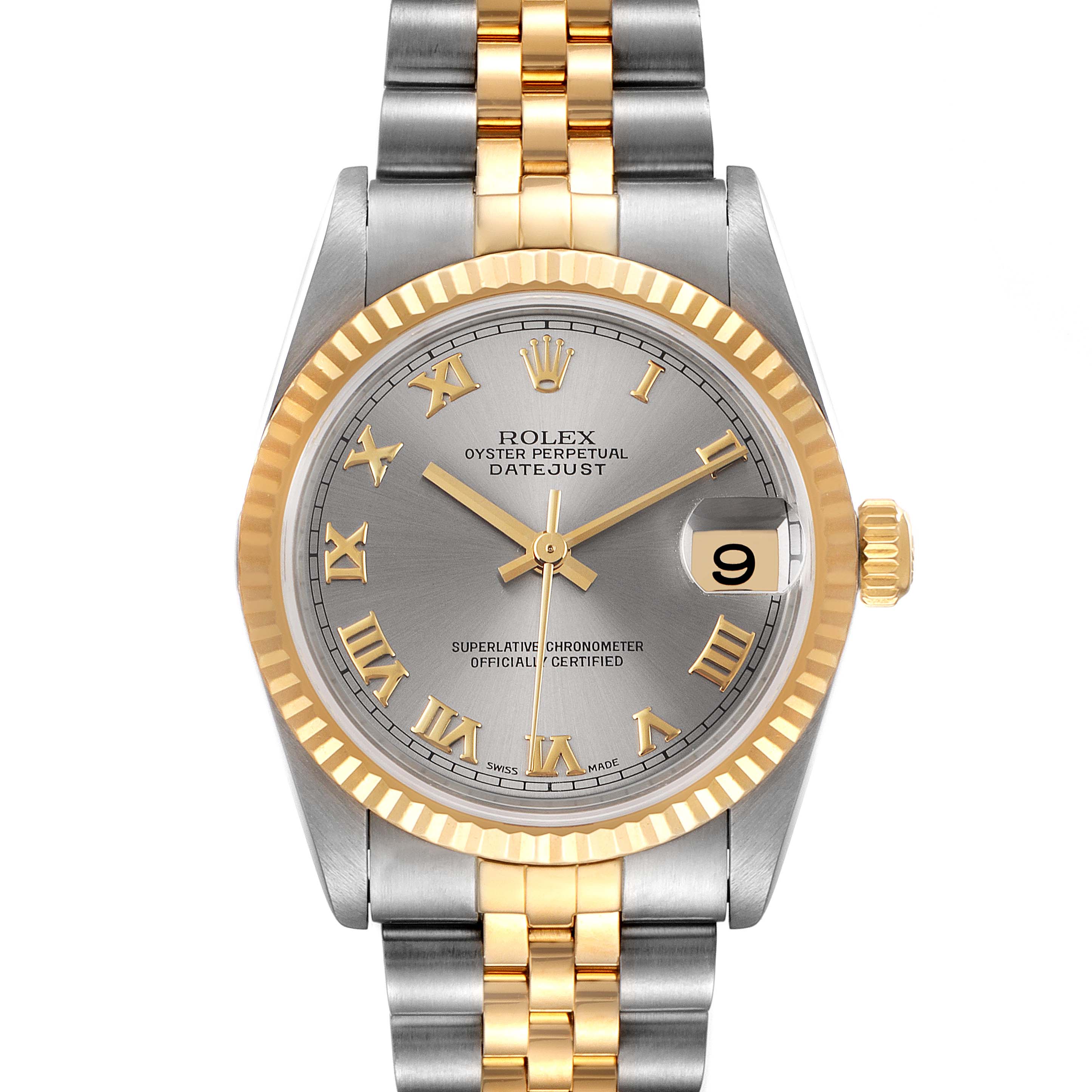 The Rolex Mid-Size 78273 Women's Steel and Gold (two tone) Grey Dial 78273 Women's Steel and Gold (two tone) Grey Dial Datejust watch is shown from a front angle, displaying its dial, bezel, and bracelet.