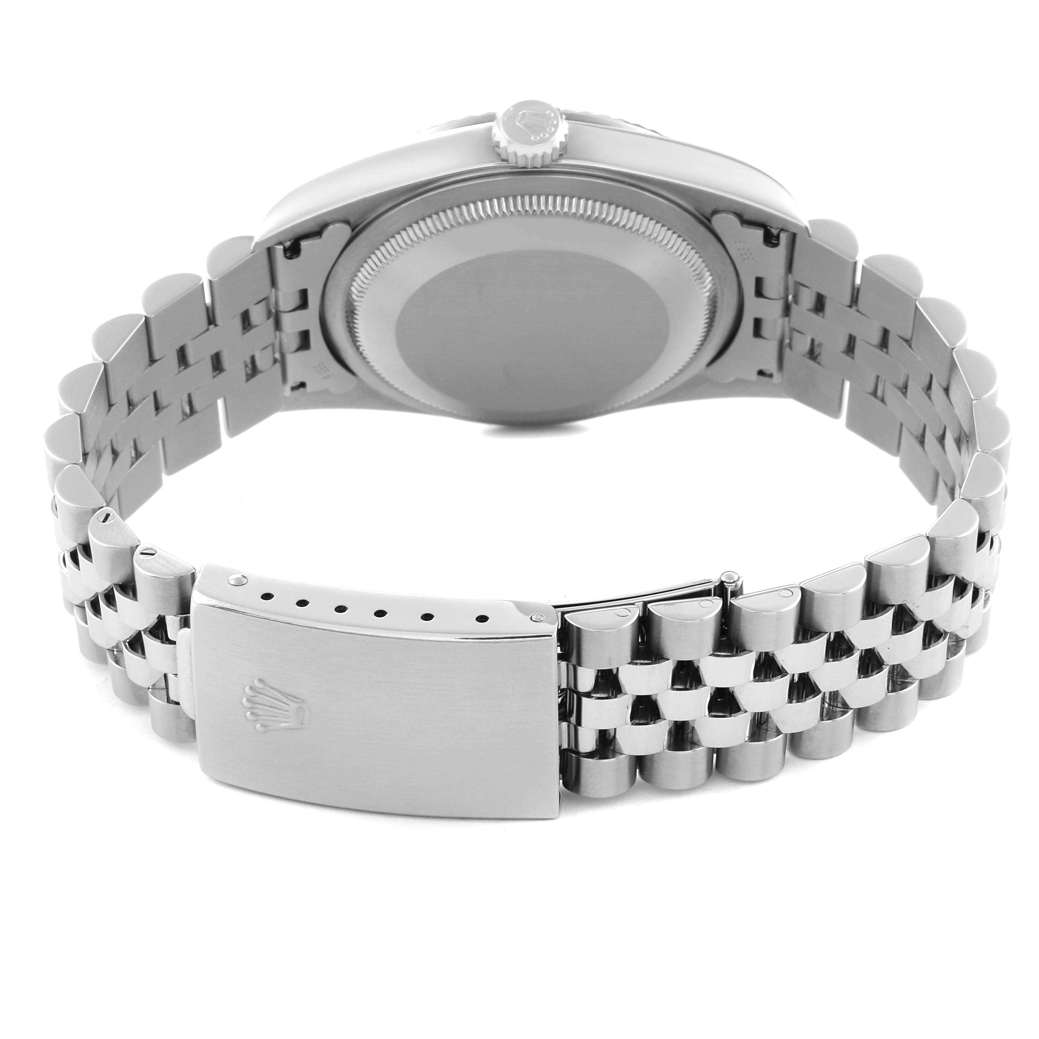 The image shows the back view of a Rolex Datejust 16234 Men's Stainless Steel Silver Dial 16234 Men's Stainless Steel Silver Dial watch, highlighting its stainless steel case and Jubilee bracelet with a clasp.