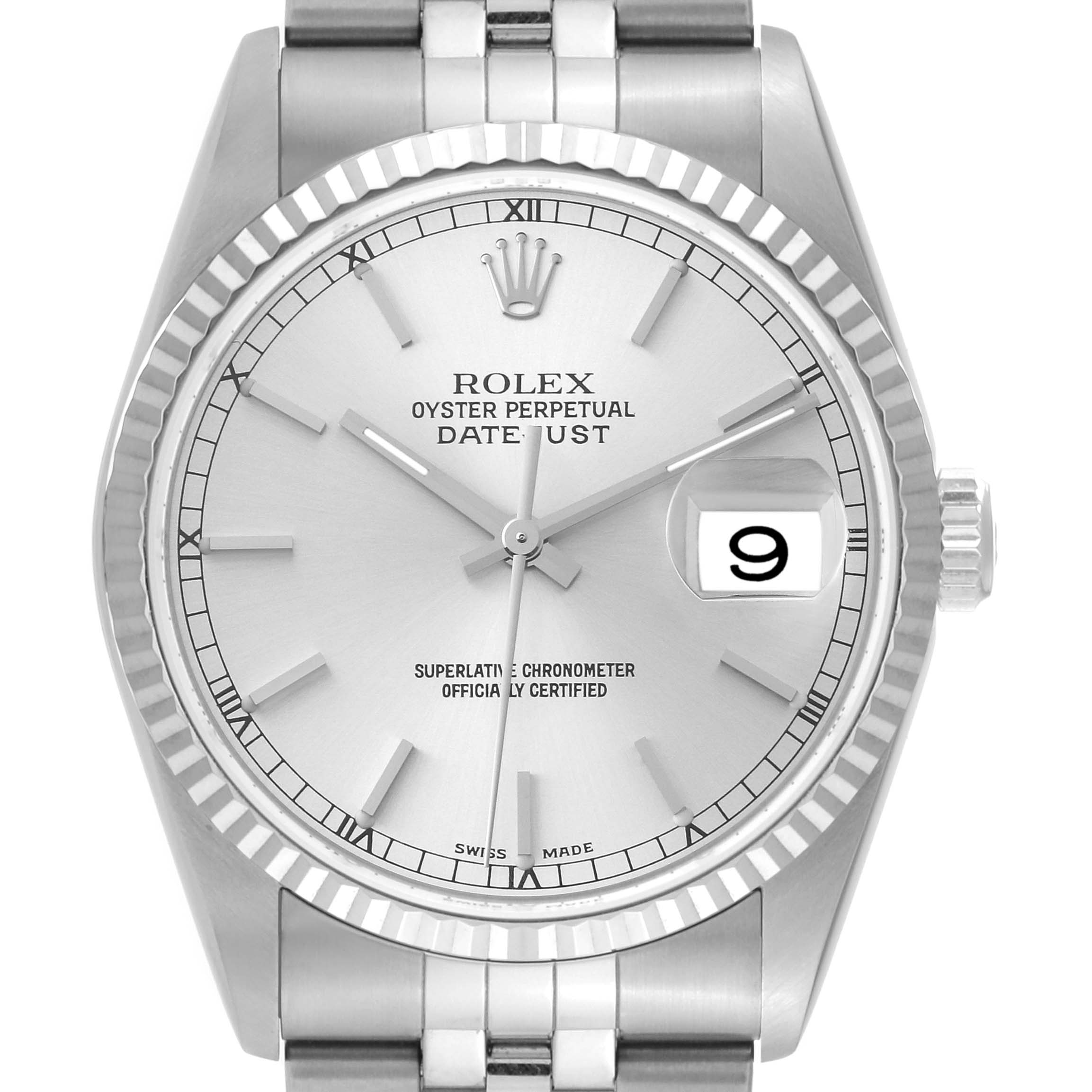 The image shows a front view of a Rolex Datejust 16234 Men's Stainless Steel Silver Dial 16234 Men's Stainless Steel Silver Dial watch with a silver dial, fluted bezel, and Jubilee bracelet.