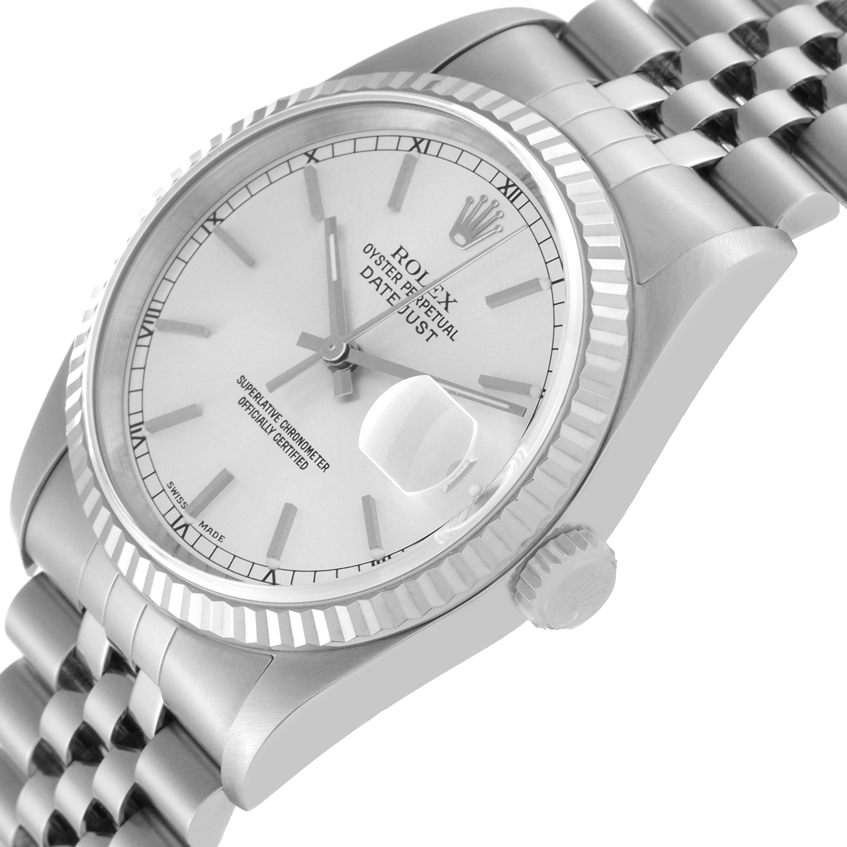 The Rolex Datejust 16234 Men's Stainless Steel Silver Dial 16234 Men's Stainless Steel Silver Dial watch is shown from a slightly tilted side angle, displaying the crown, bezel, and part of the bracelet.