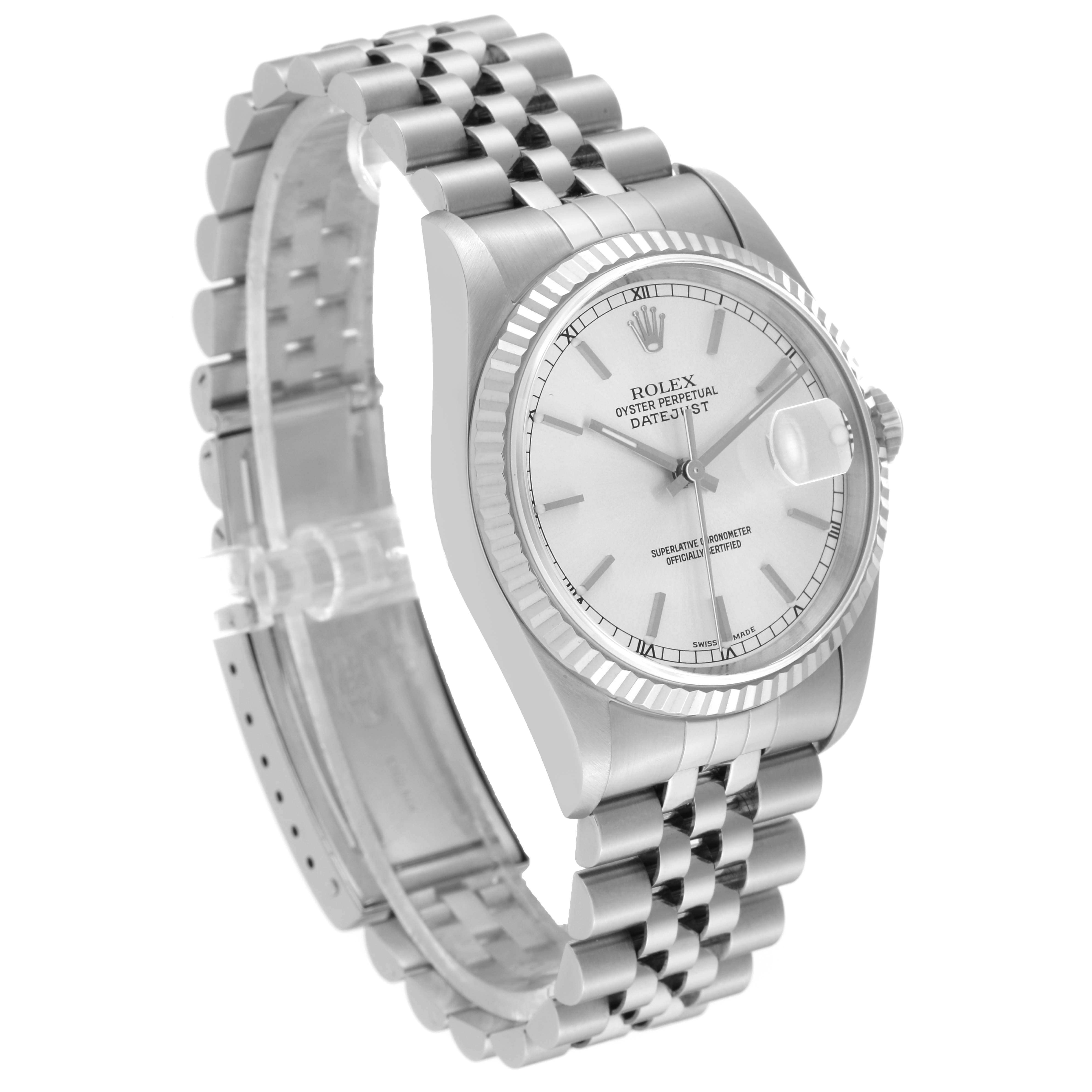 The image shows a side and front angle of a Rolex Datejust 16234 Men's Stainless Steel Silver Dial 16234 Men's Stainless Steel Silver Dial watch, displaying the dial, bezel, and bracelet.