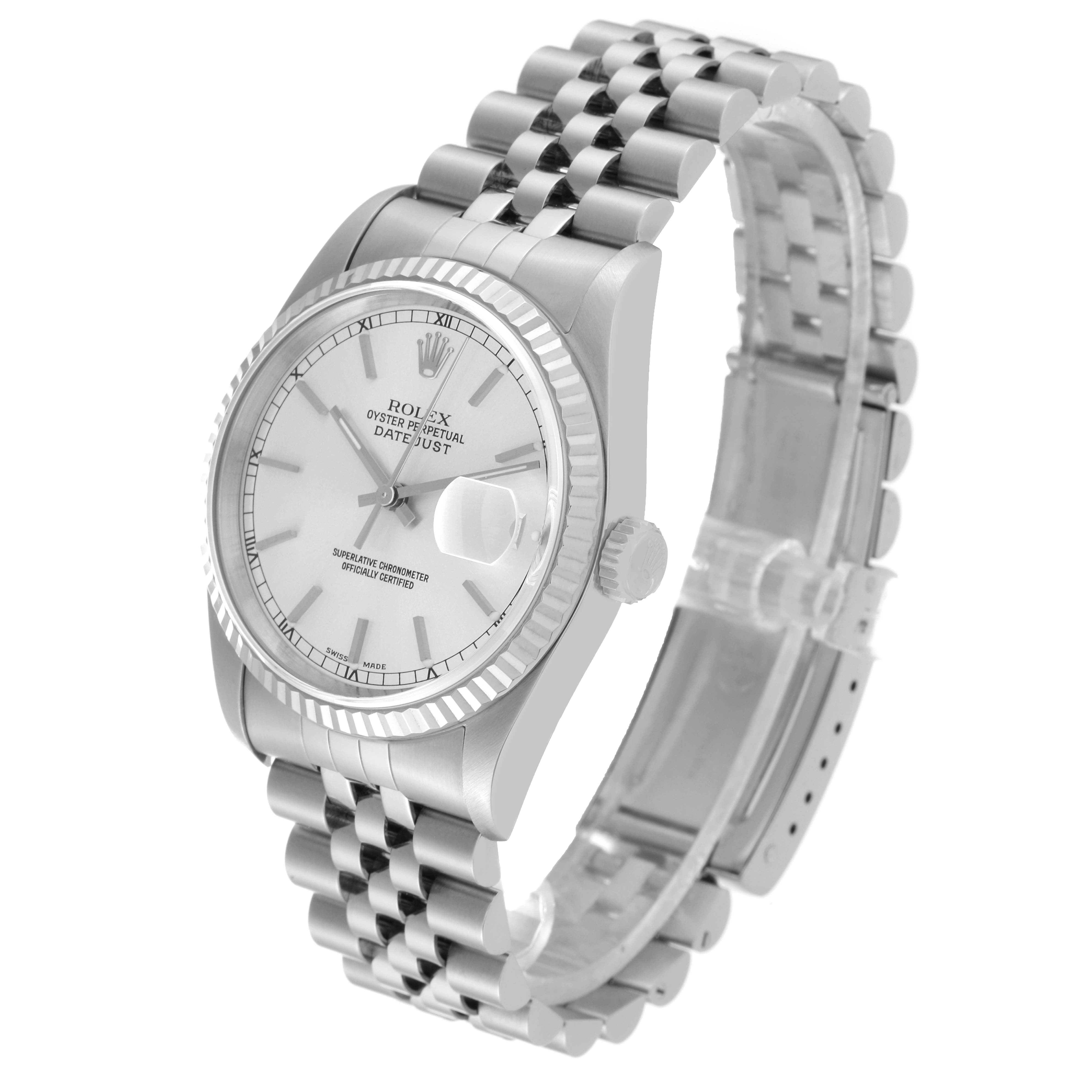 The image shows a Rolex Datejust 16234 Men's Stainless Steel Silver Dial 16234 Men's Stainless Steel Silver Dial watch at a three-quarter angle, displaying the face, bezel, and bracelet.