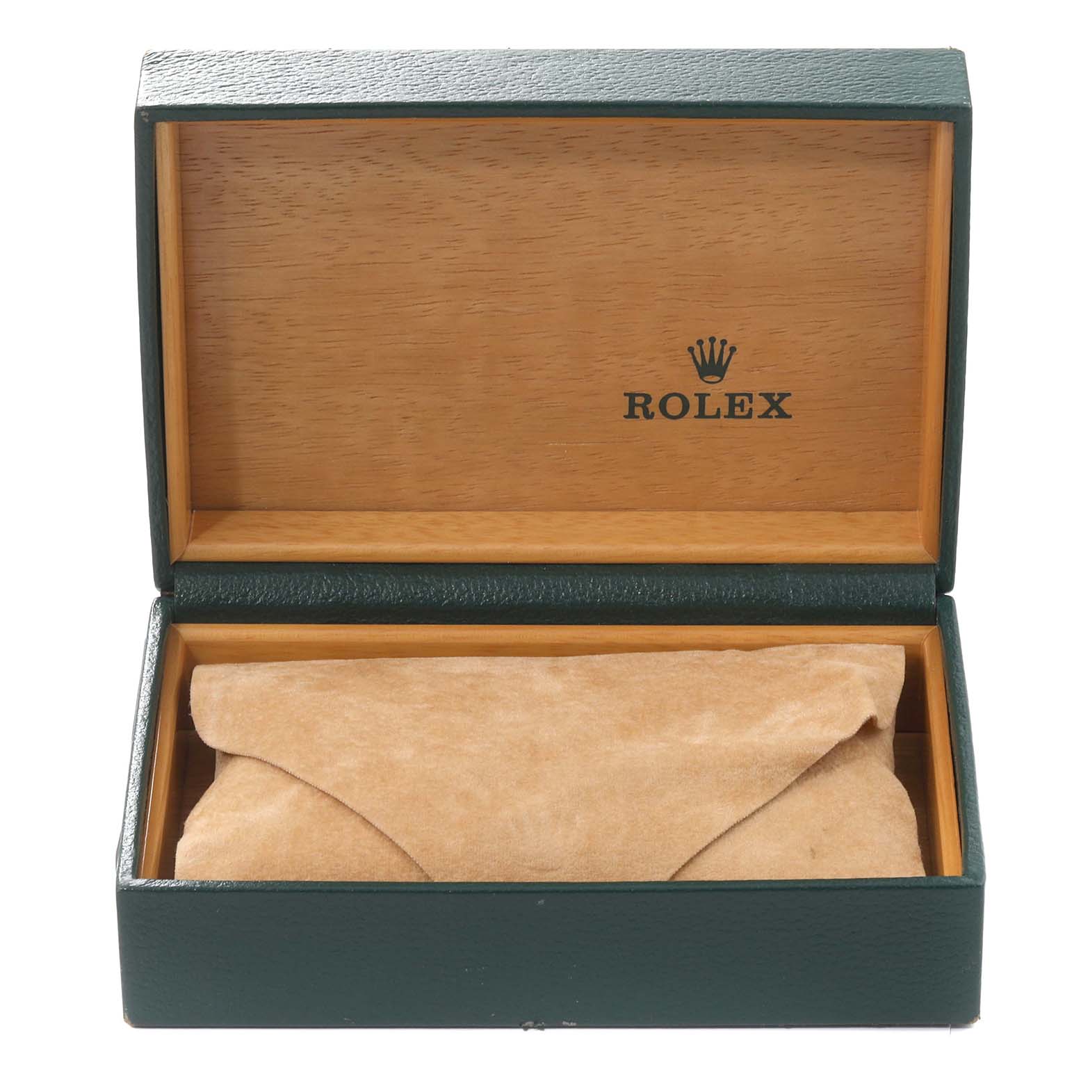 The image shows an open green and wooden Rolex box, likely for a Datejust model, with a suede pouch inside.