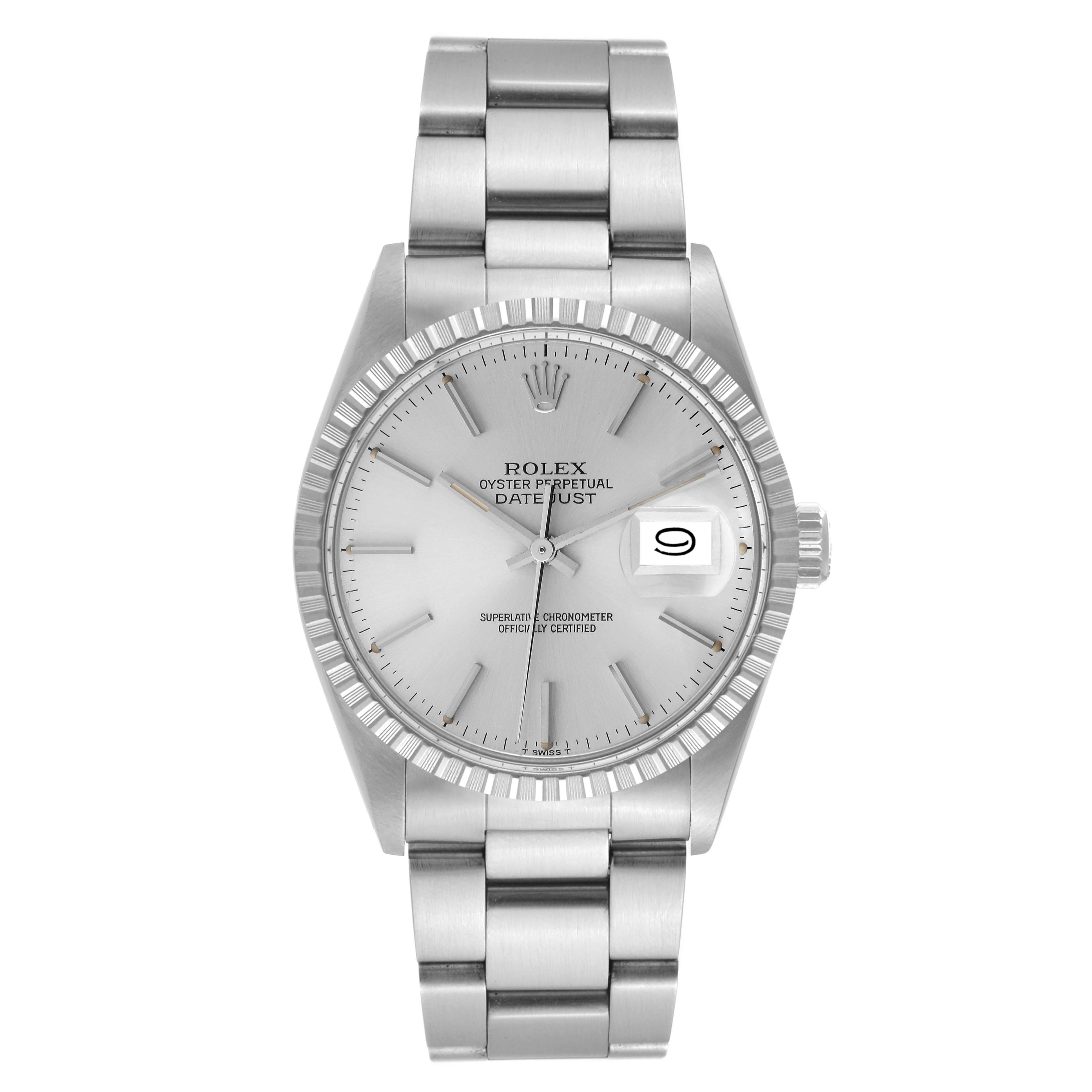 The image shows a front view of the Rolex Vintage Collection 16030 Men's Stainless Steel Silver Dial 16030 Men's Stainless Steel Silver Dial Oyster Perpetual Datejust, displaying the face and bracelet.