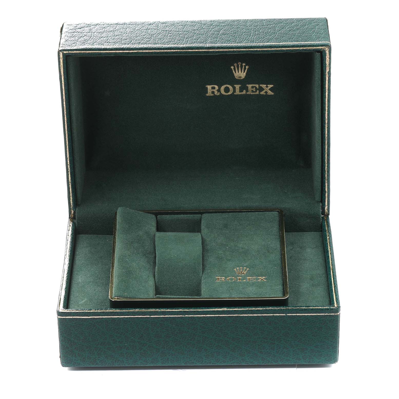 The image shows an open green box with the Rolex brand logo, which is designed to hold a Vintage Collection model watch by Rolex.