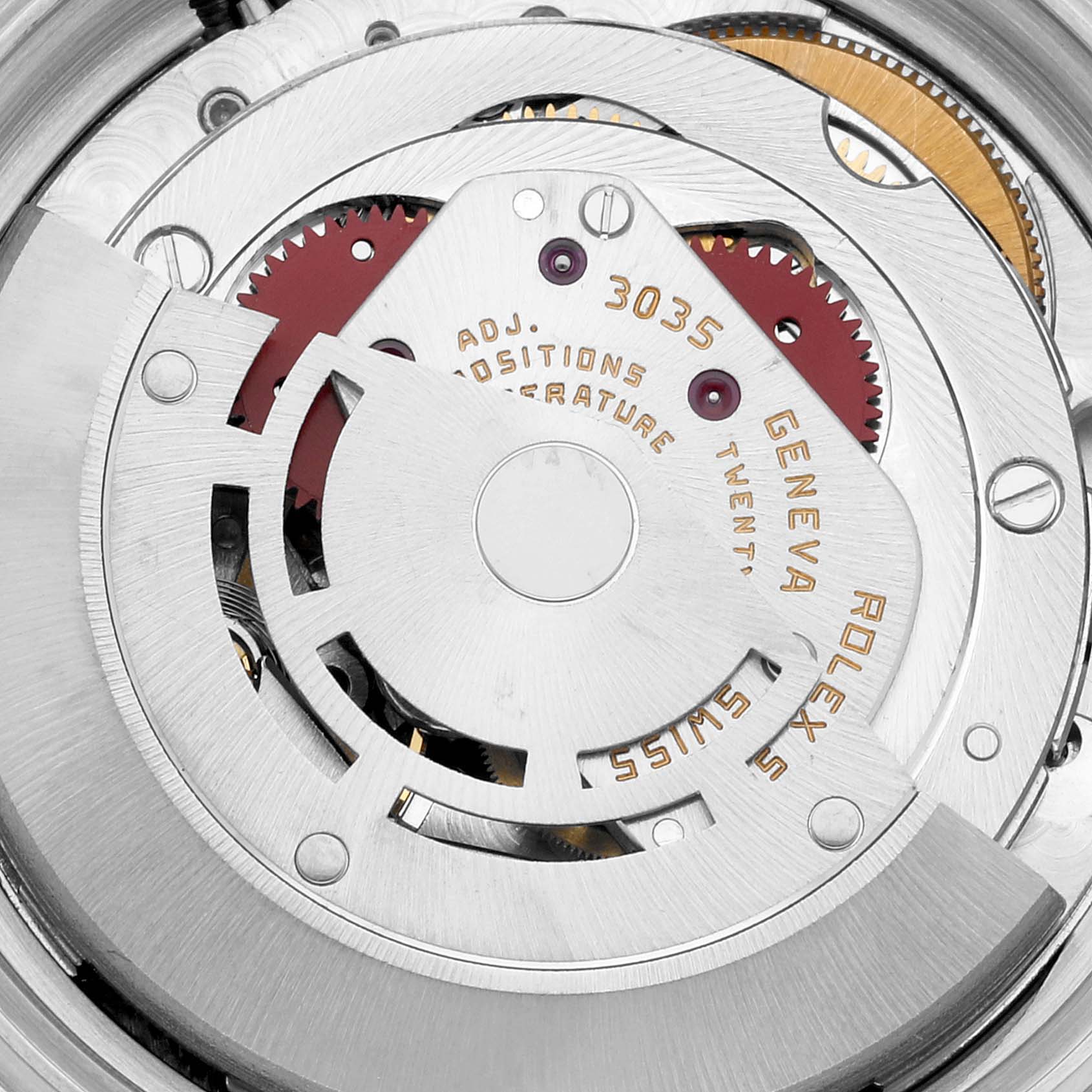 This image shows the inner mechanical components of a Rolex Vintage Collection 16030 Men's Stainless Steel Silver Dial 16030 Men's Stainless Steel Silver Dial watch at a close-up angle.