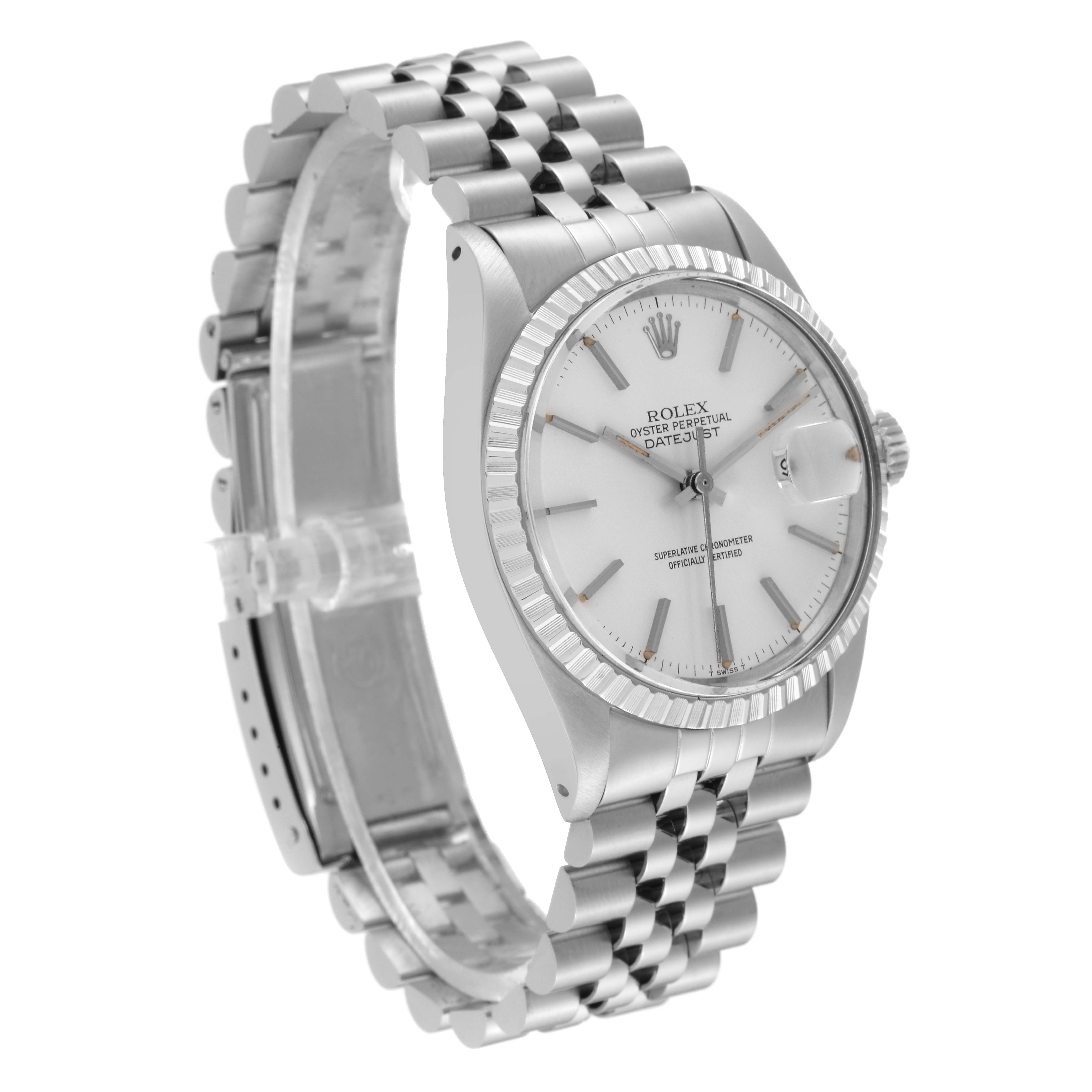 This image shows a side angle of the Rolex Vintage Collection 16030 Men's Stainless Steel Silver Dial 16030 Men's Stainless Steel Silver Dial model, showcasing the face, bezel, and bracelet.