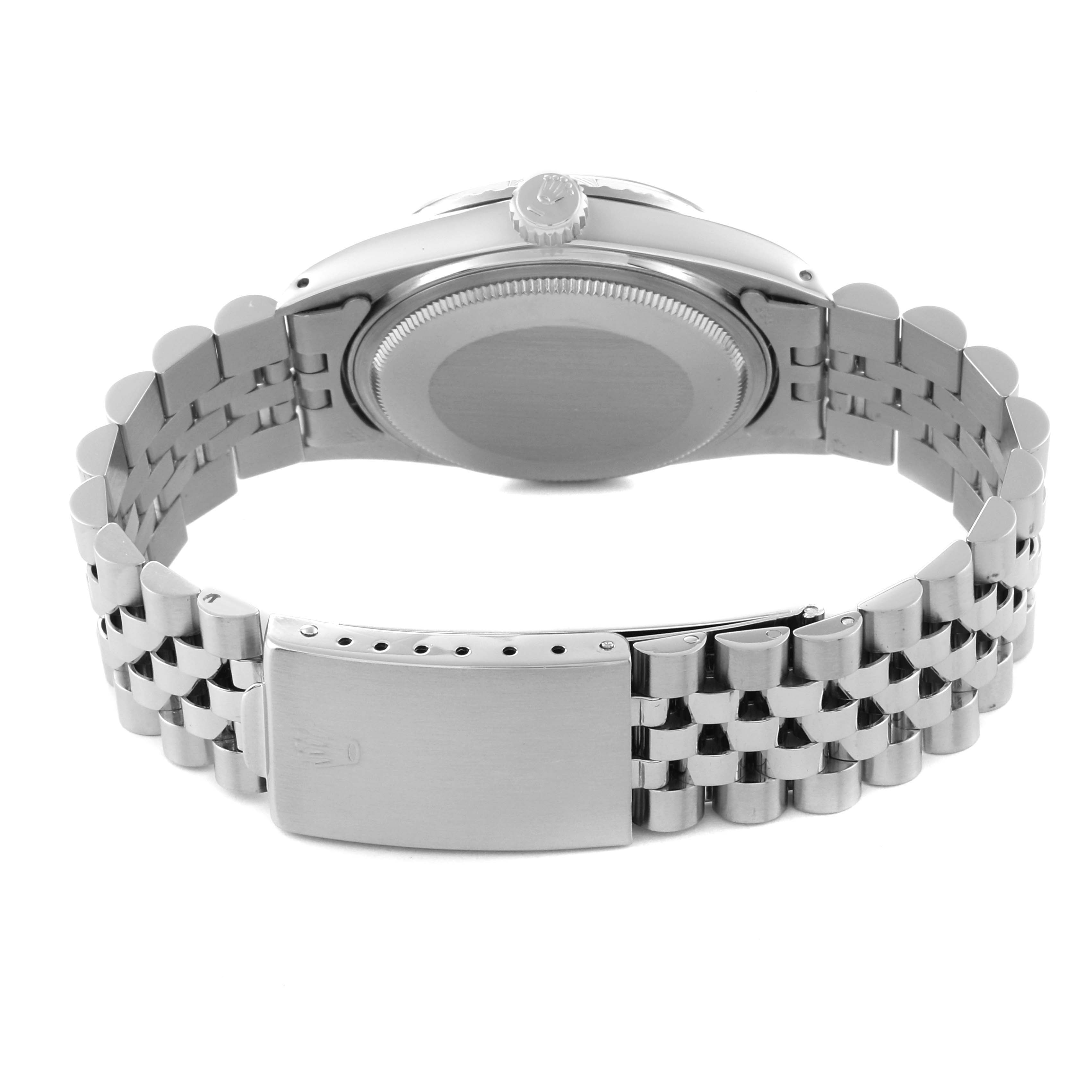 This image shows the back of a Rolex Vintage Collection 16030 Men's Stainless Steel Silver Dial 16030 Men's Stainless Steel Silver Dial watch, focusing on the case, crown, and bracelet clasp.