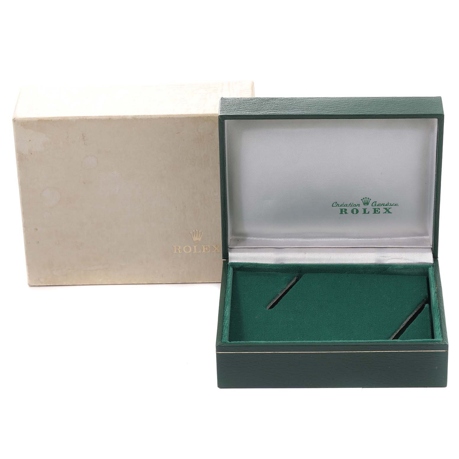 This image displays an empty Rolex Vintage Collection 16030 Men's Stainless Steel Silver Dial 16030 Men's Stainless Steel Silver Dial watch box and its outer cardboard packaging at an angled view.